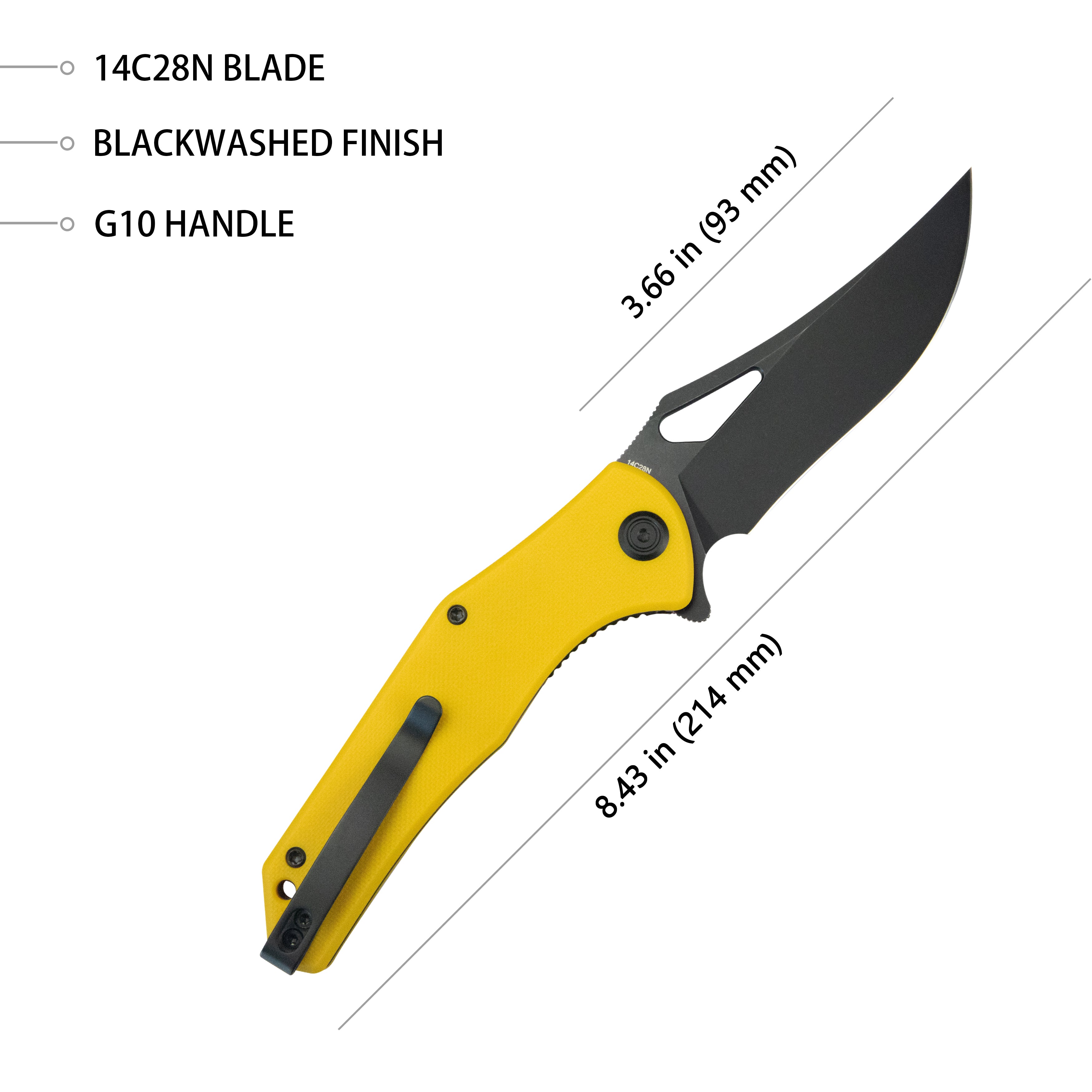 Kubey Phemius Liner Lock Folding Pocket Knife Yellow G10 Handle 3.66" Blackwash 14C28N KU149E