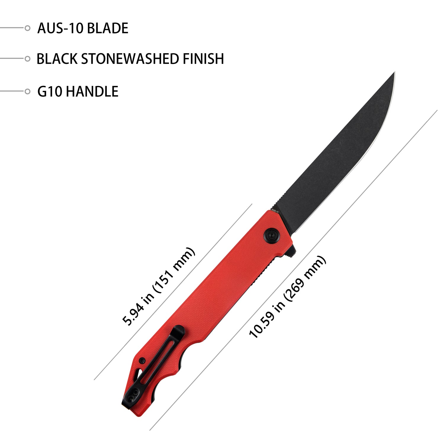 Kubey Pylades Liner Lock Flipper Folding Knife Red G10 Handle 4.65" Blackwashed AUS-10 KU253B