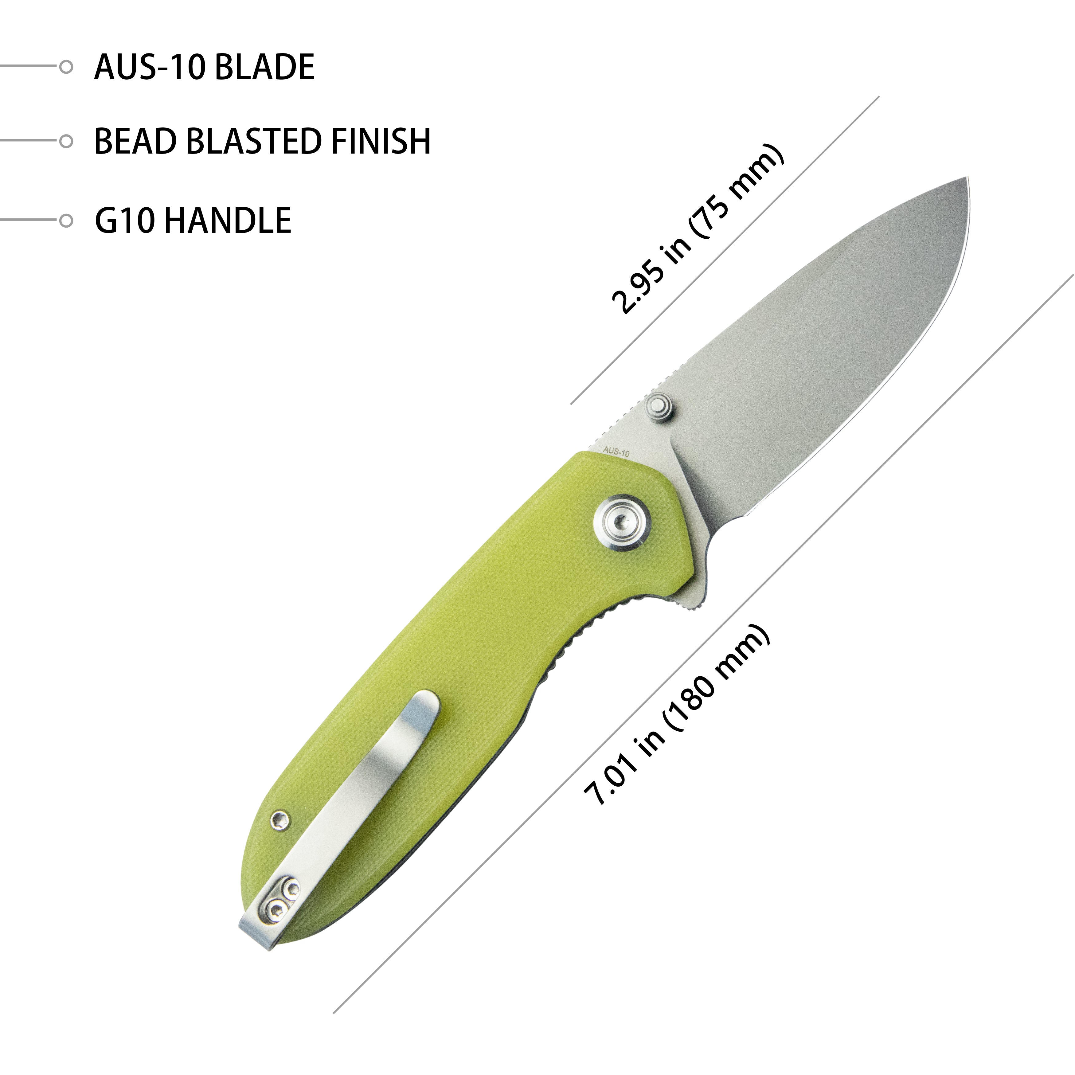 Belus Thumb Stud Everyday Carry Pocket Knife Translucent Yellow G10 Handle 2.95" Bead Blasted AUS-10 Blade KU342D