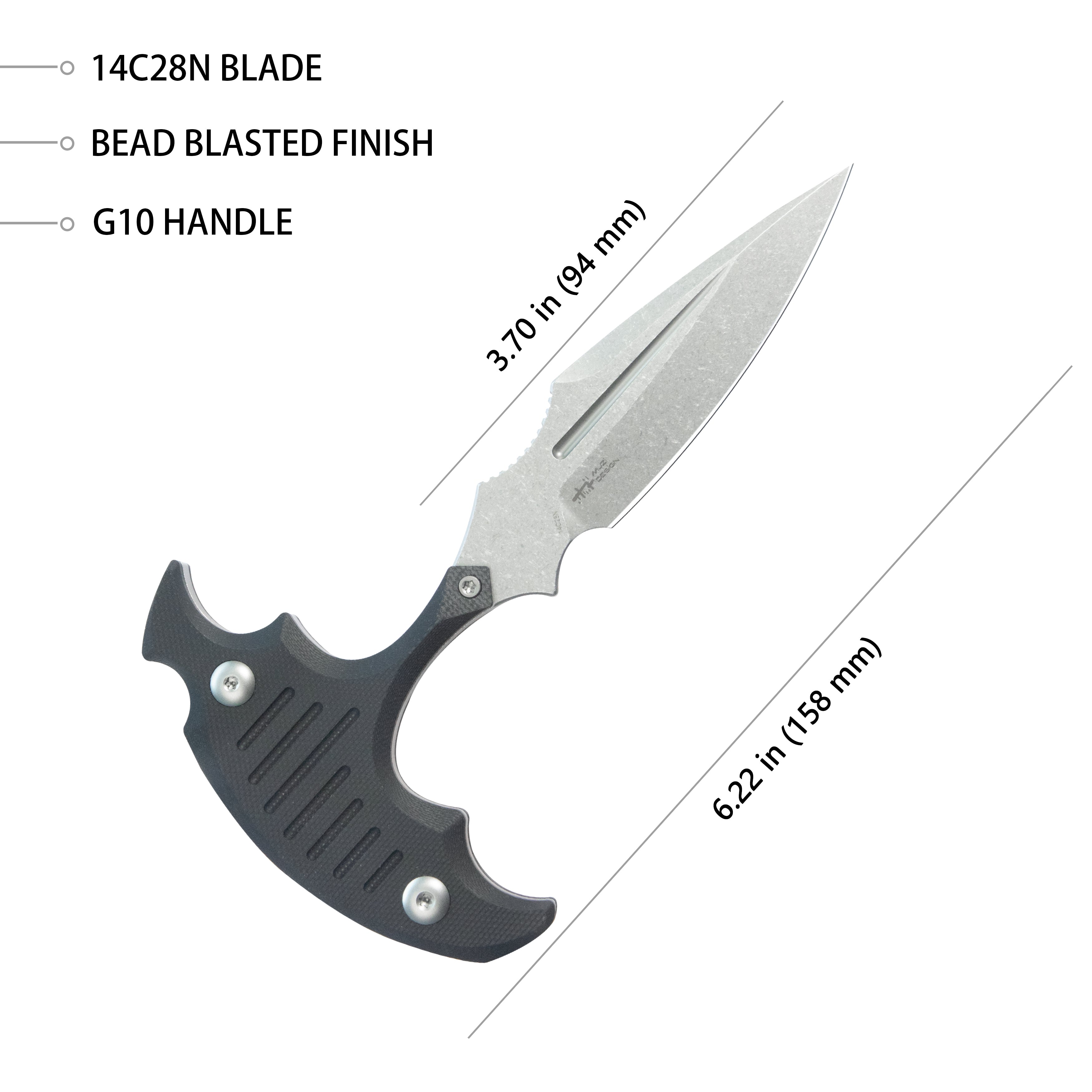 Medusa Push Dagger Fixed Blade Outdoor Knives w/ Kydex Sheath Black G-10 Beadblast 14C28N KU242A