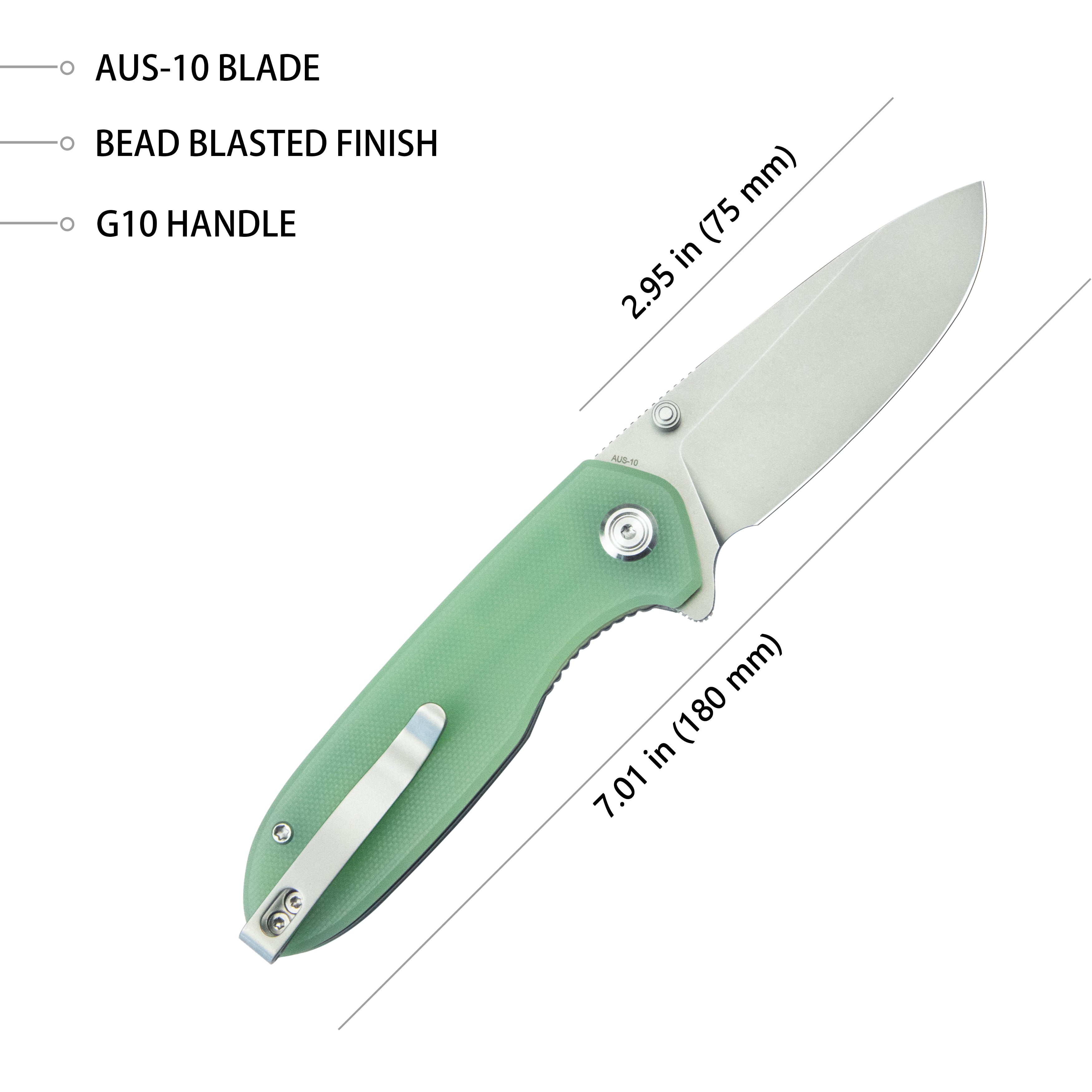 Belus Thumb Stud Everyday Carry Pocket Knife Jade G10 Handle 2.95" Bead Blasted AUS-10 Blade KU342F