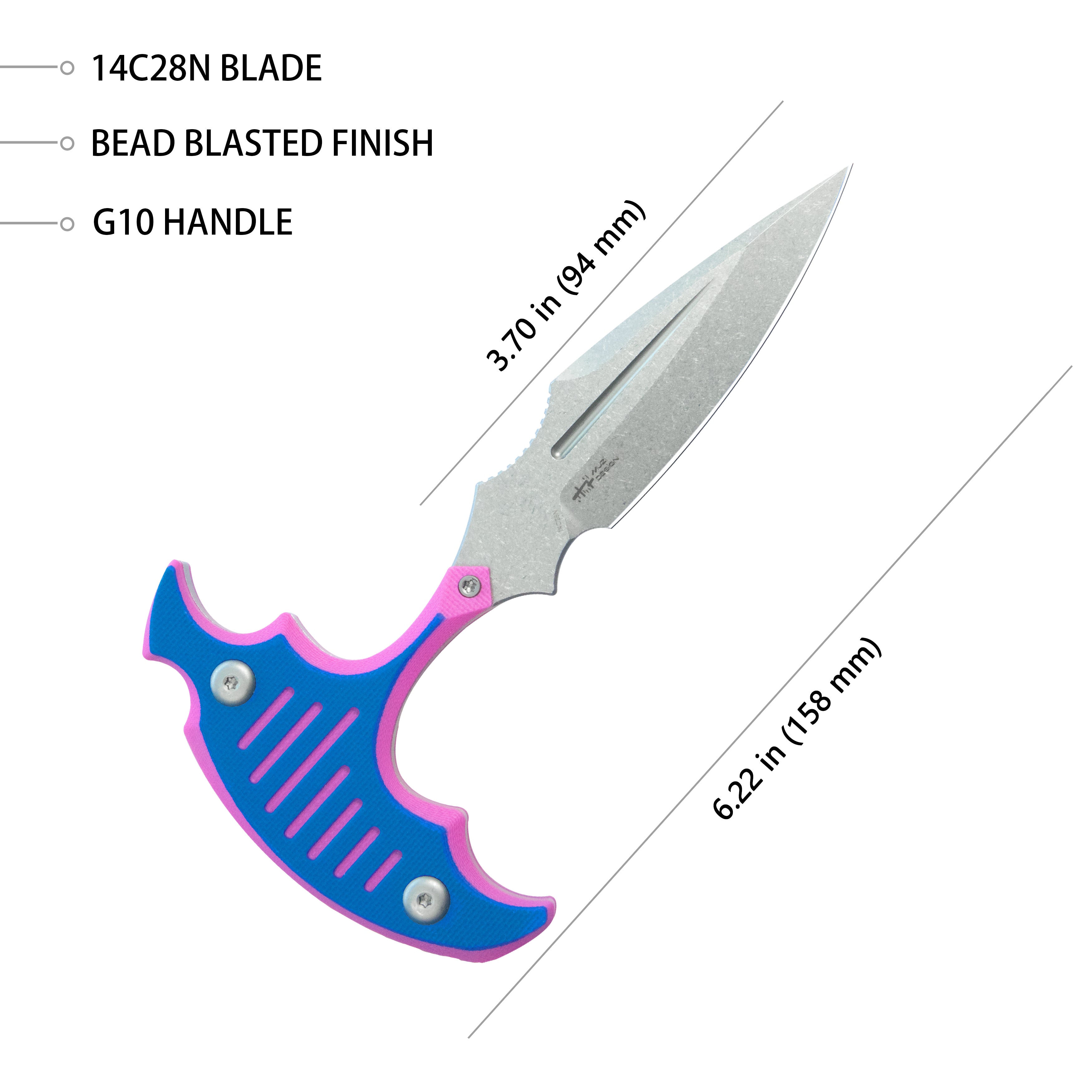 Medusa Push Dagger Fixed Blade Outdoor Knives w/ Kydex Sheath Pink Blue G-10 Beadblast 14C28N KU242F