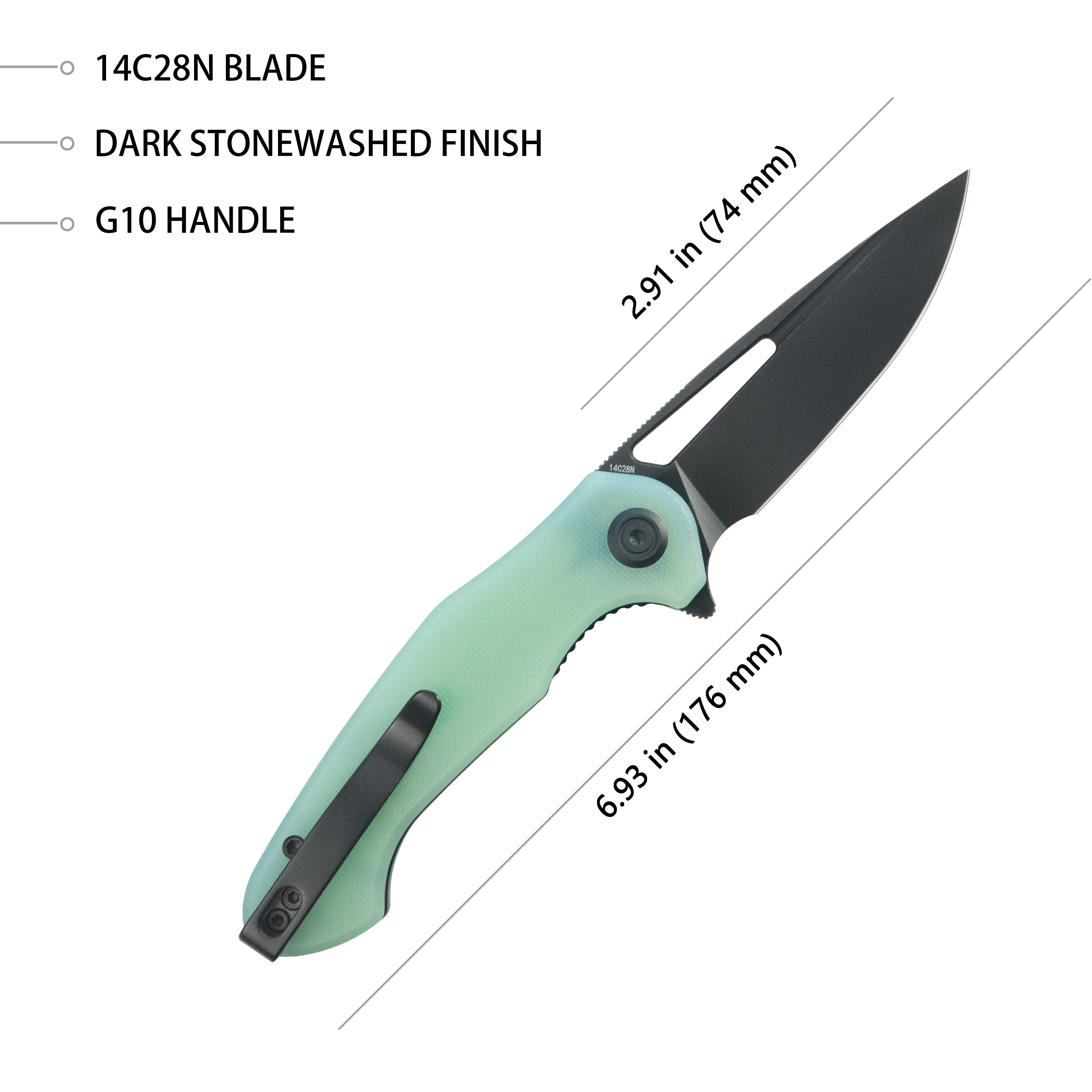 Kubey Dugu Liner Lock Folding Knife Jade G10 Handle 2.91'' Blackwash 14C28N Blade KU210K