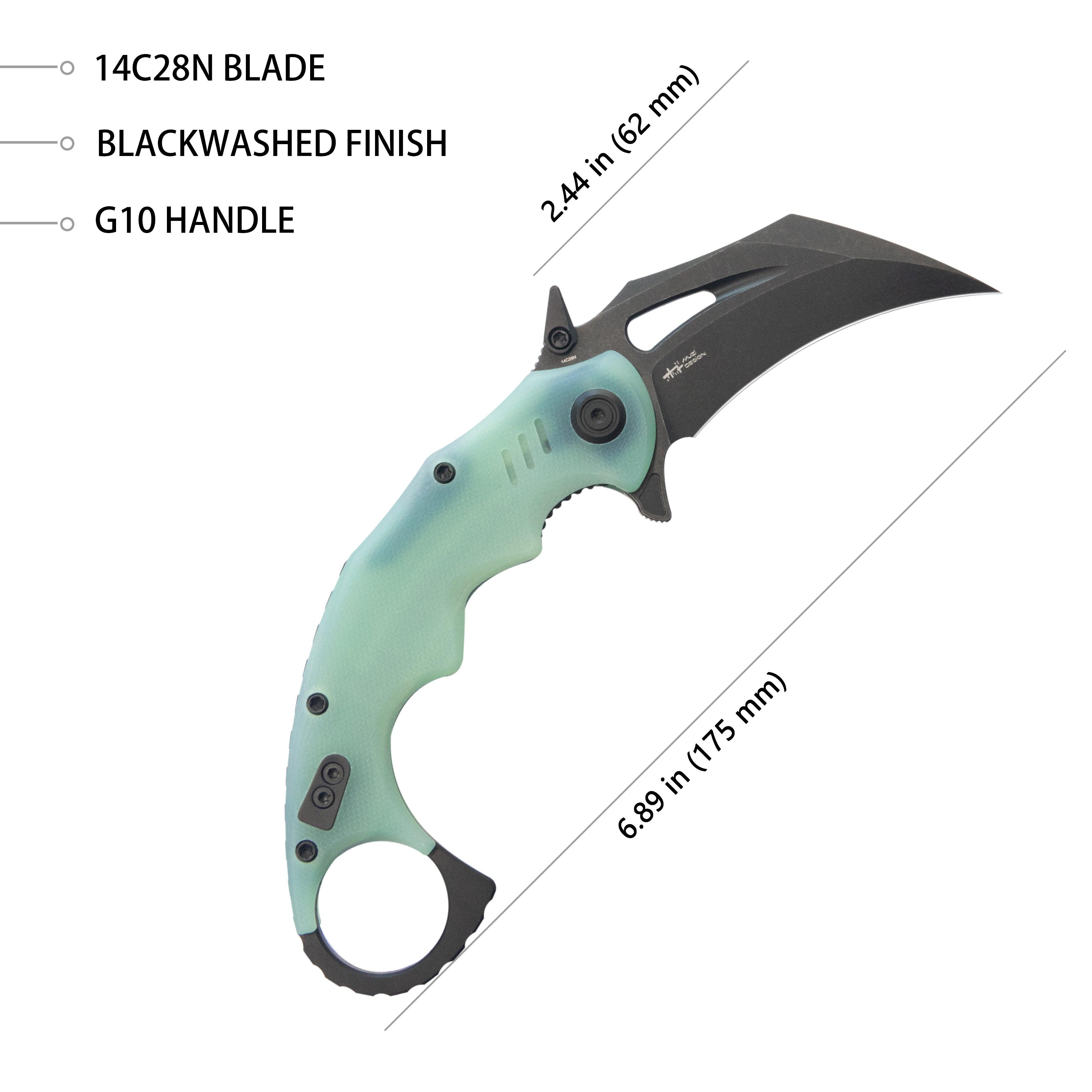 Kubey Mini Wrath Karambit Folding Knife Jade G-10 Handle 2.44" Blackwash 14C28N Blade KU262L