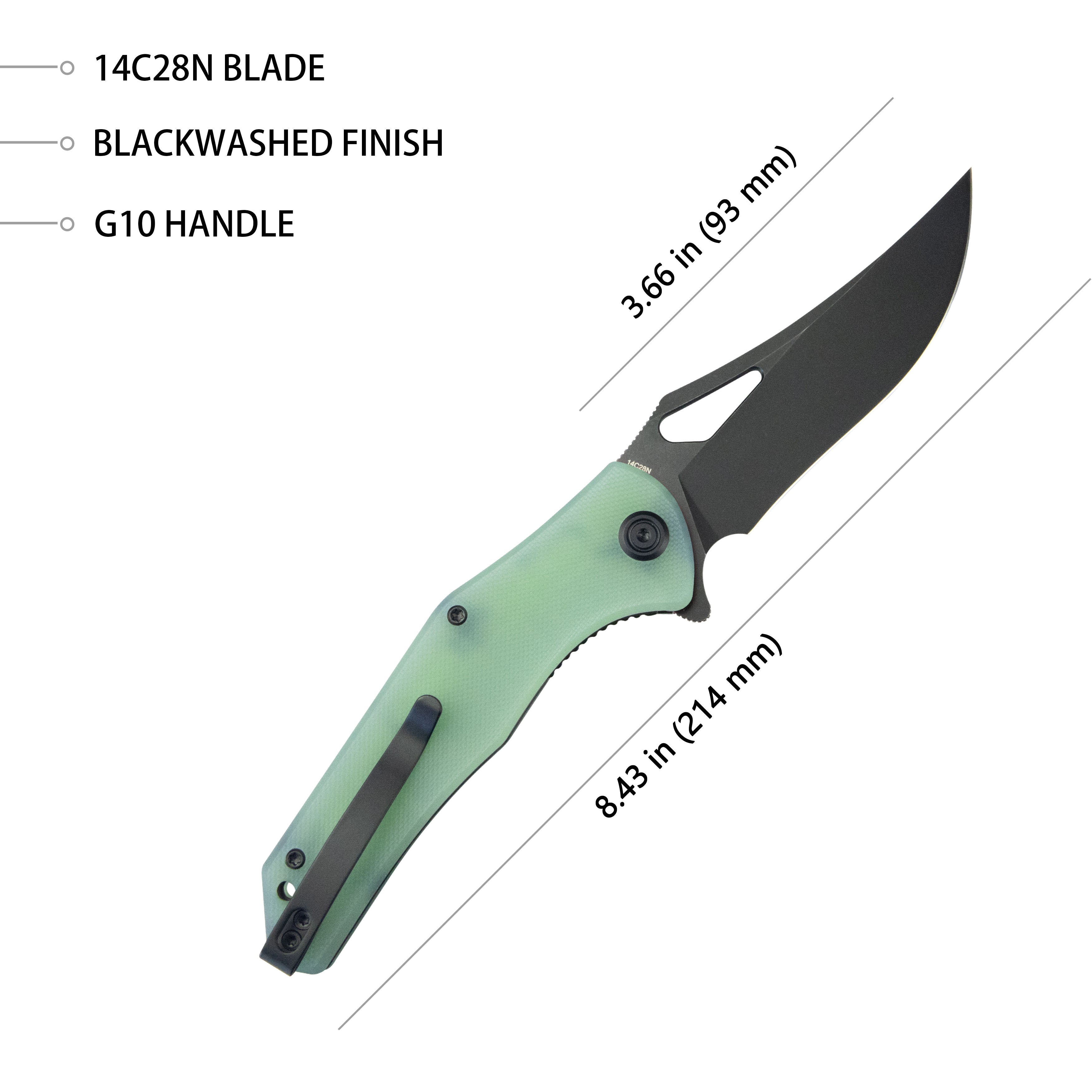 Kubey Phemius Liner Lock Folding Pocket Knife Jade G10 Handle 3.66" Blackwash 14C28N KU149H