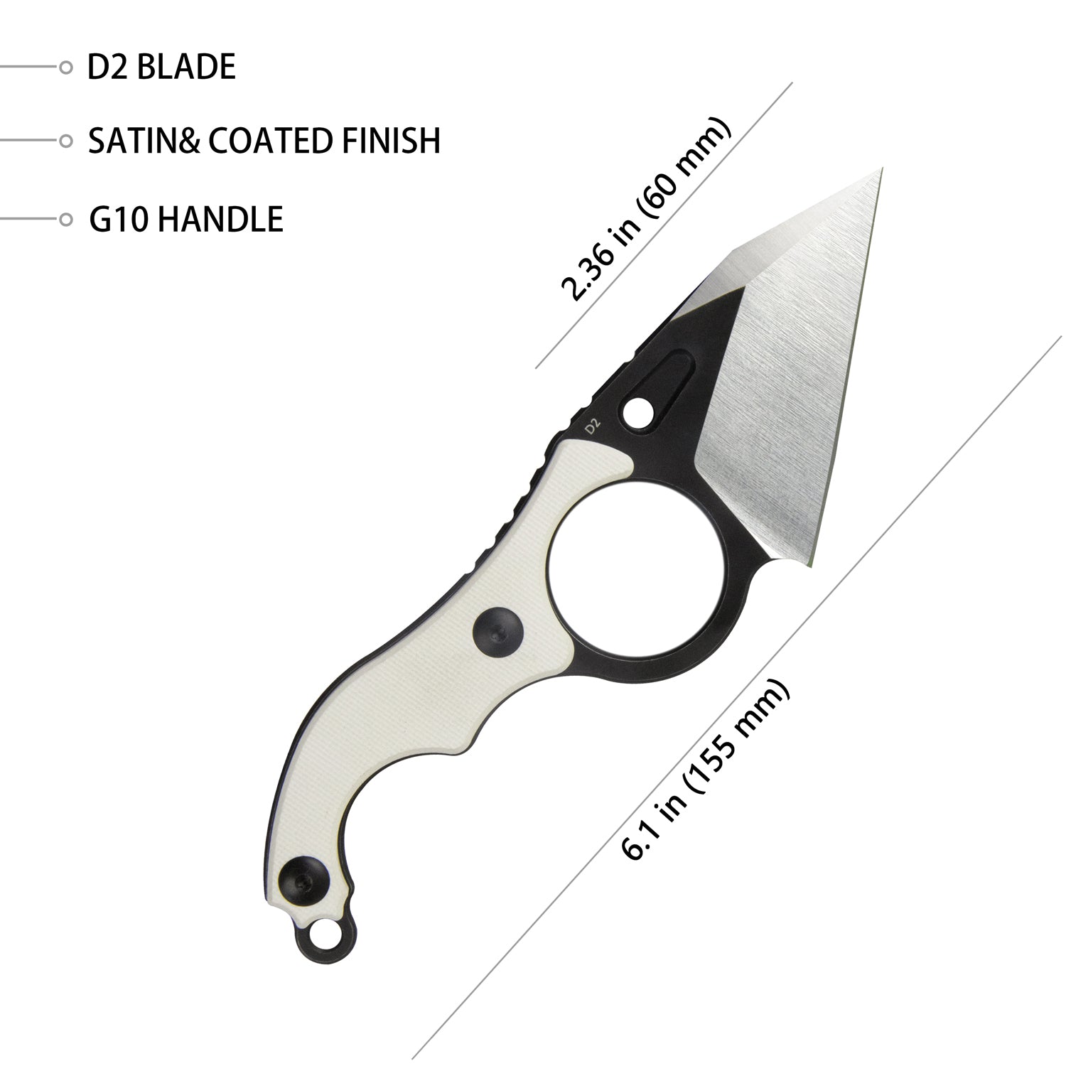 Hippocam Fixed Blade Knife Finger Ring Ivory G10 Handle 2.36" Satin and Blackwash D2 Blade KU166C