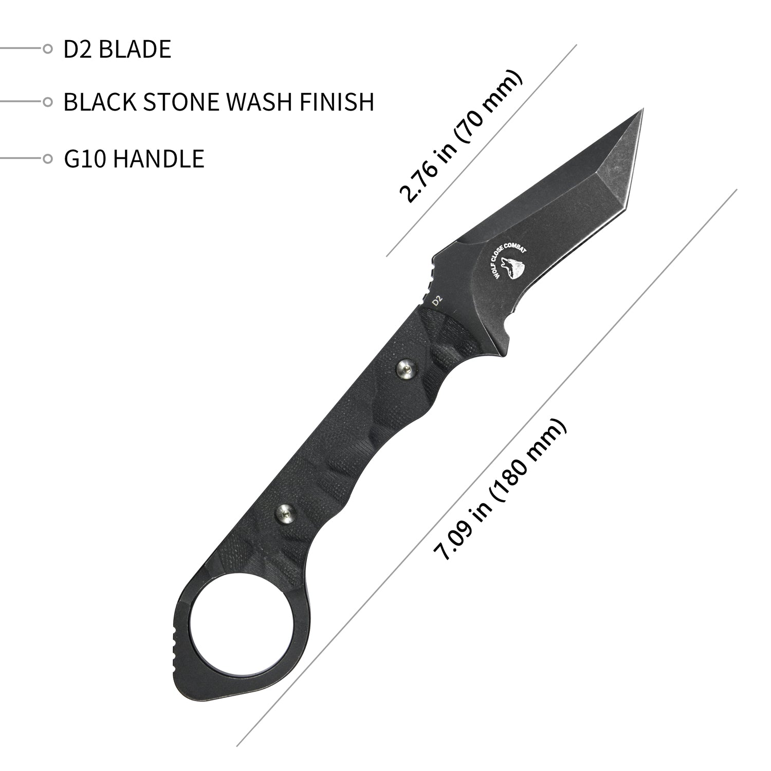 WOLF E-CQC Fixed Blade Knife Black G10 Handle w/Kydex 2.76" Dark Stonewashed D2 KU320B