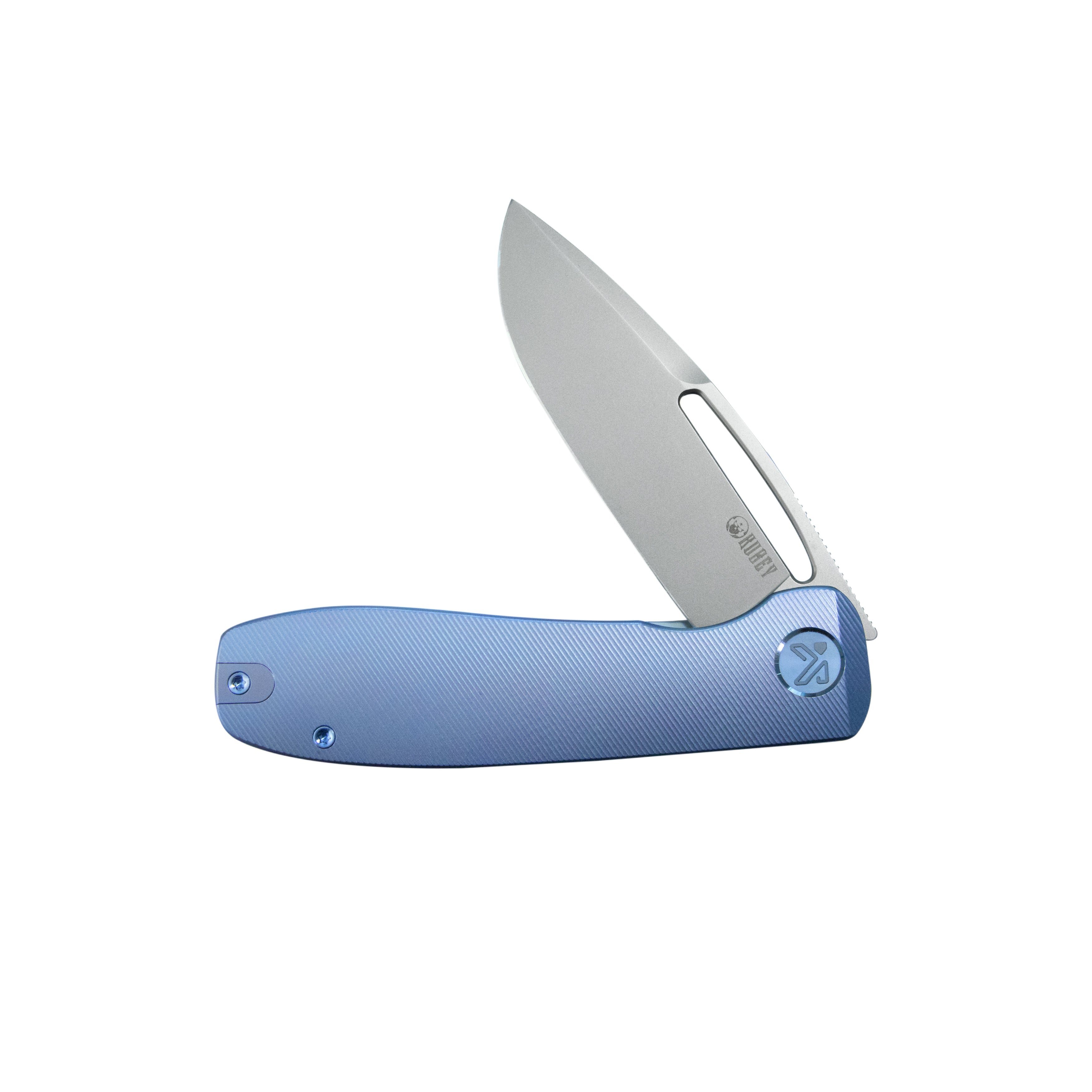 Kubey Supercell Pocket Knife Blue Titanium Handle 3.46" Stonewash 14C28N Blade KU353B
