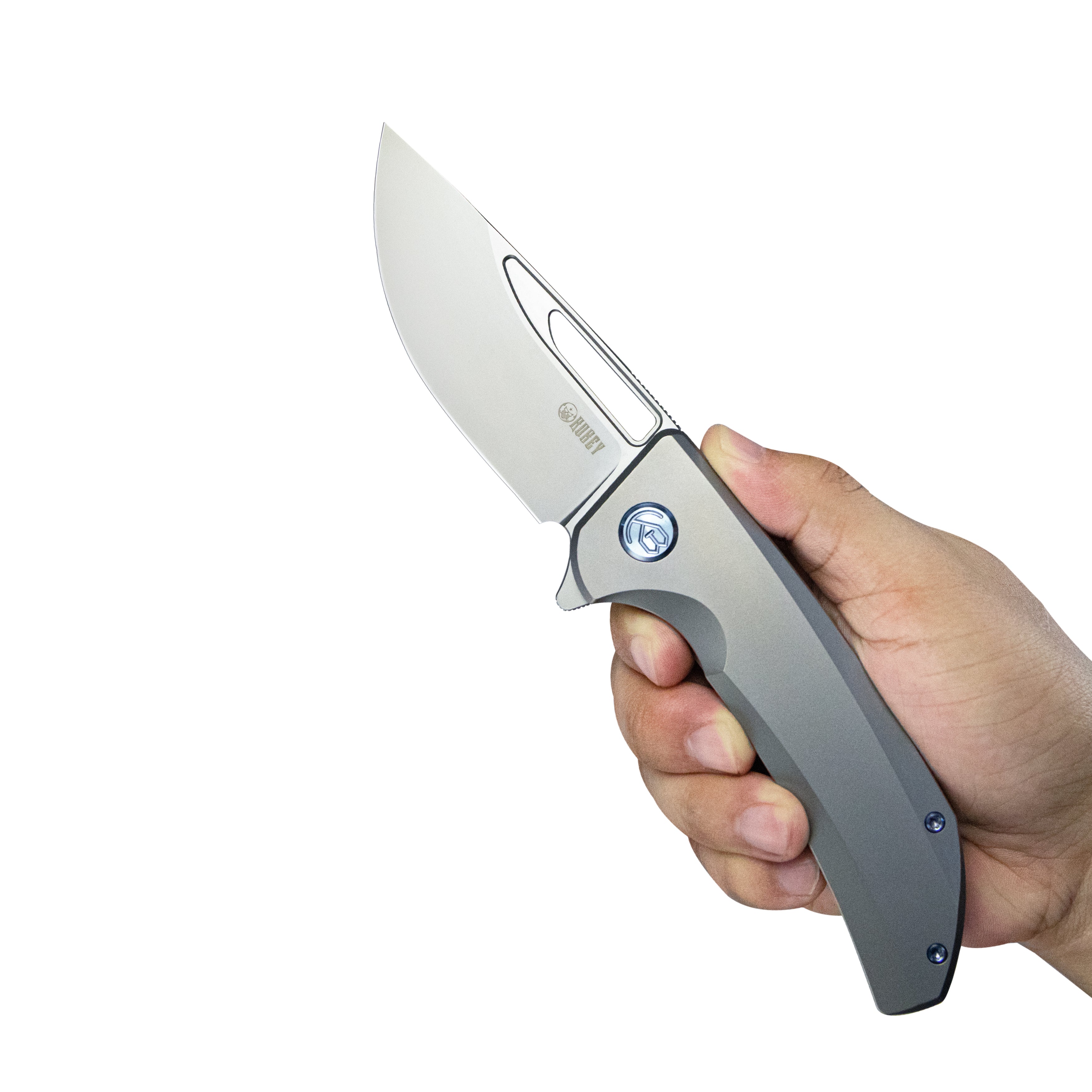 Kubey Hyperion Frame Lock Tactical Knife Gray 6AL4V Titanium Handle 3.5" Sandblast CPM-S35VN KB368A