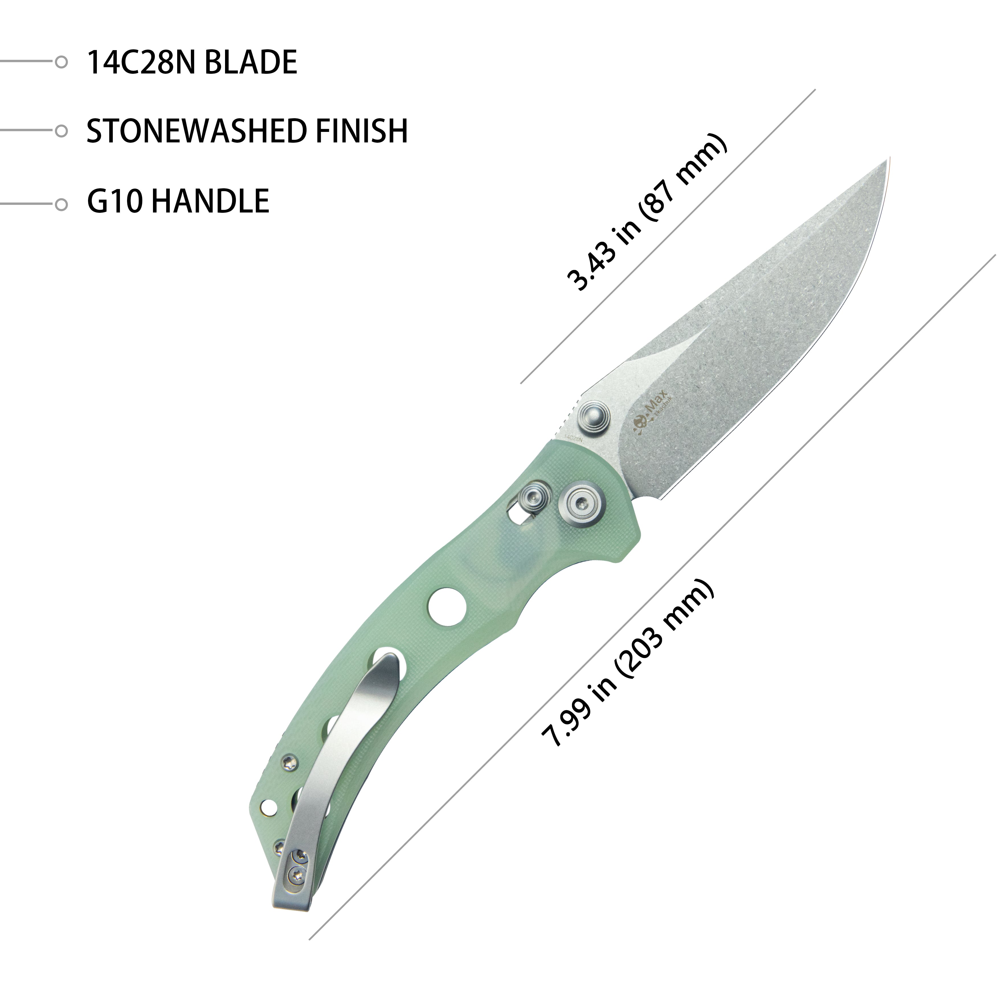 Kubey Hound Crossbar Lock Folding Pocket Knife Jade G-10 Handle 3.43" Stonewash 14C28N Blade KU172G