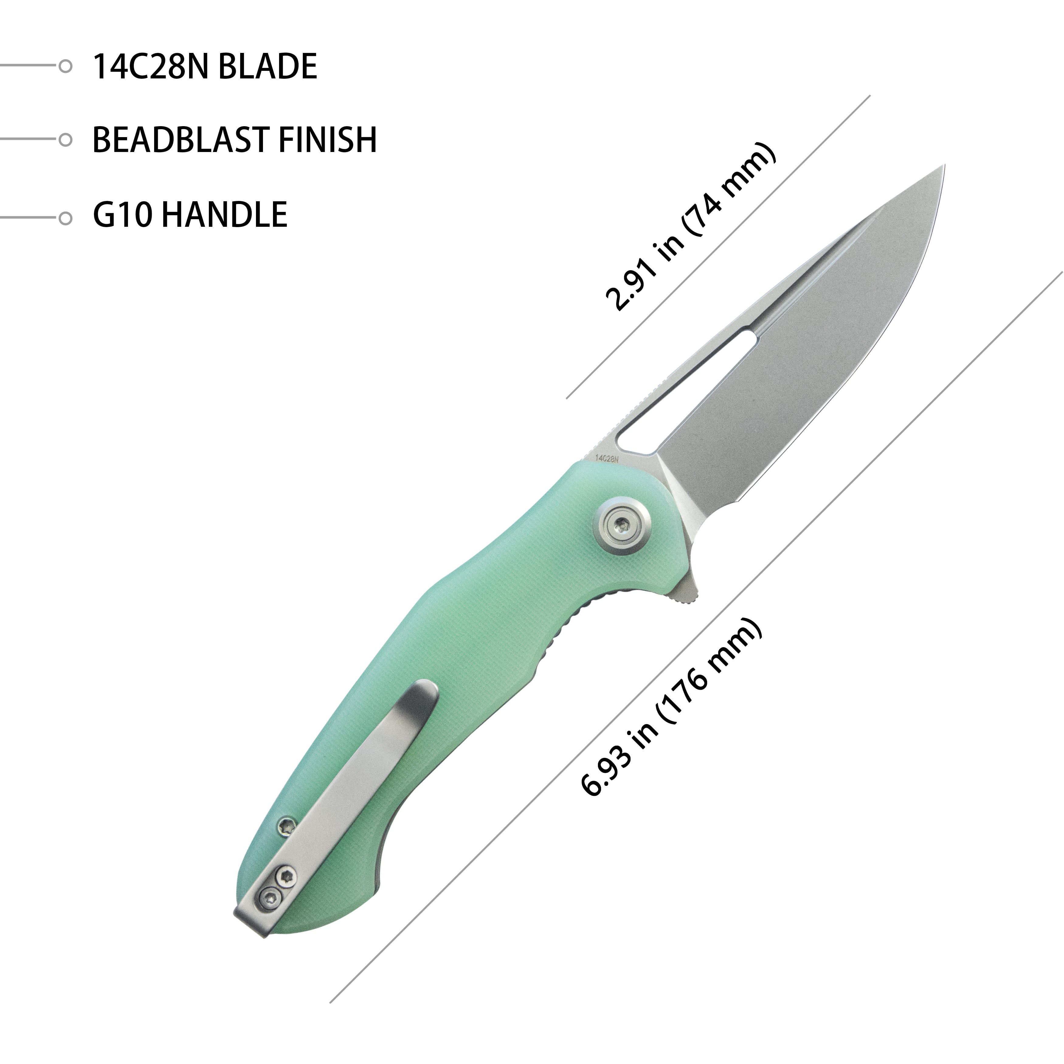 Kubey Dugu Liner Lock Folding Knife Jade G10 Handle 2.91'' Beadblast 14C28N Blade KU210I