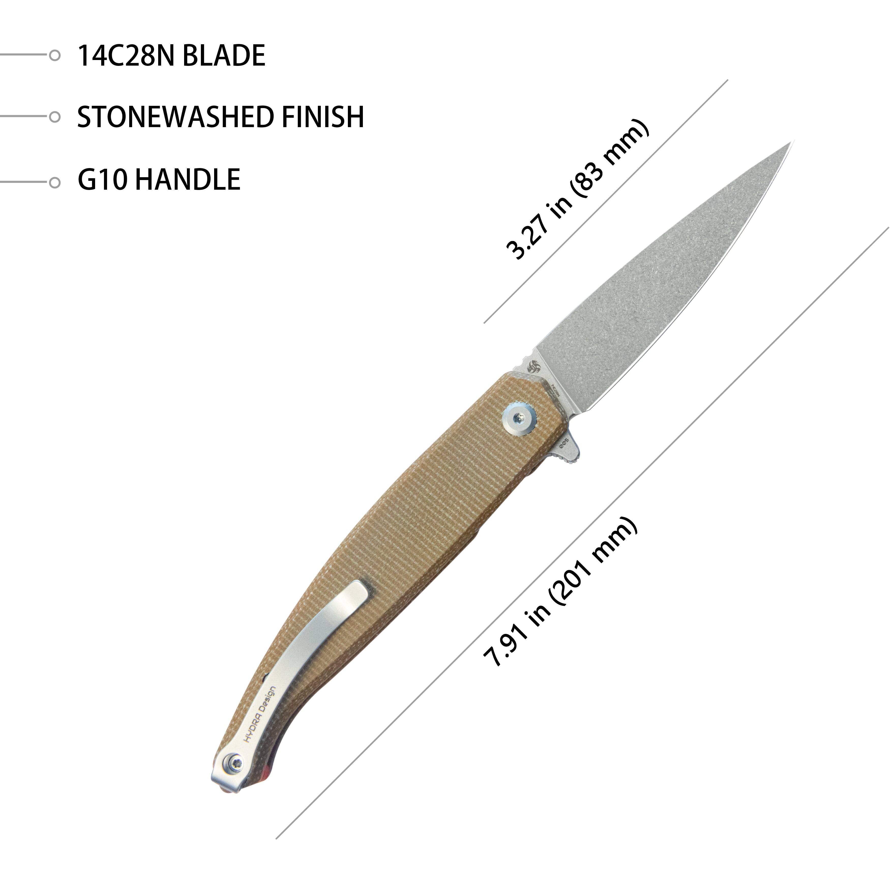 Kubey MOS Outdoor Flipper Folding Knife Tan Micarta Handle 3.27" Stonewash 14C28N Blade KU361C