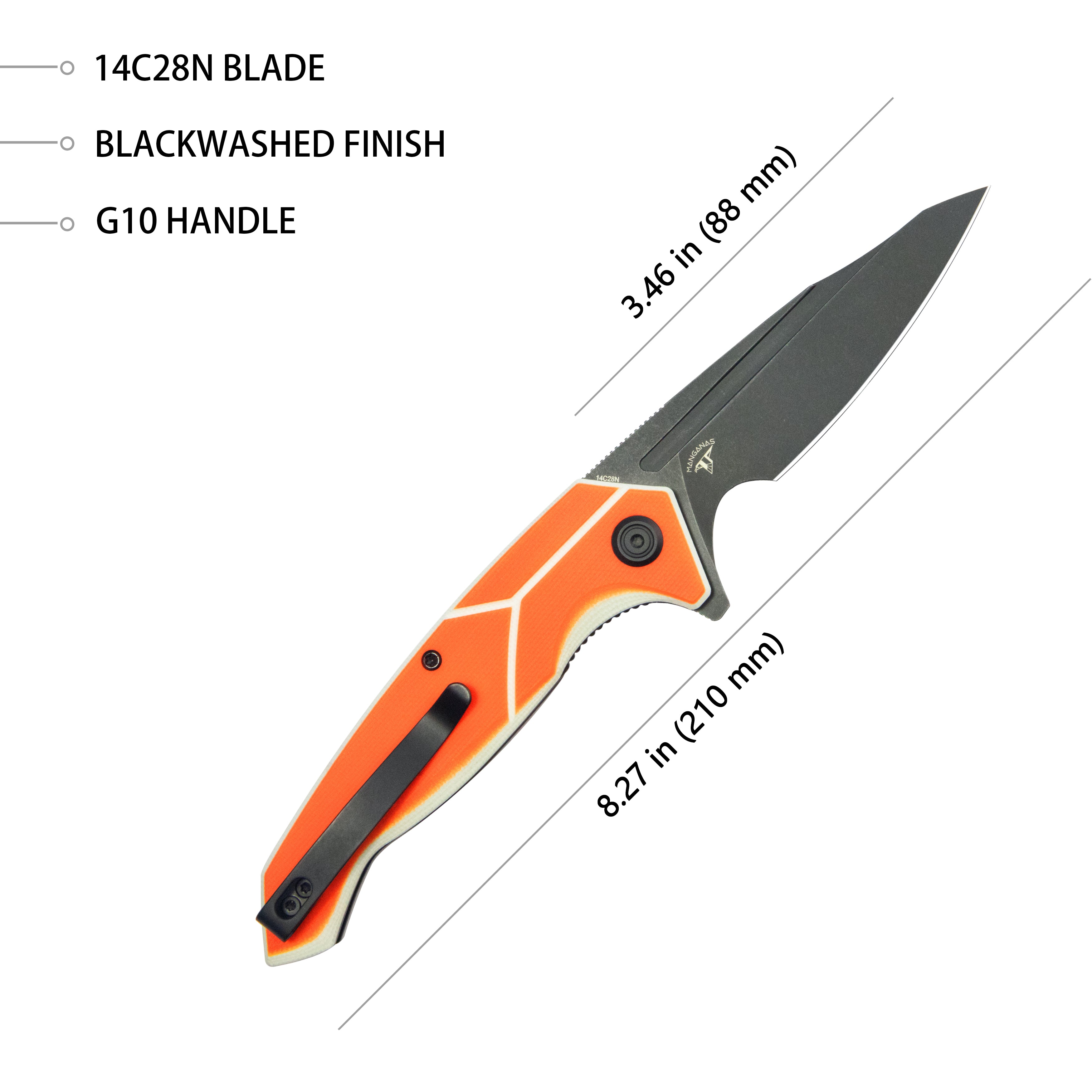 Kubey RBC-1 Outdoor Flipper Knife Orange White G10 Handle 3.46" Blackwash 14C28N KU373B