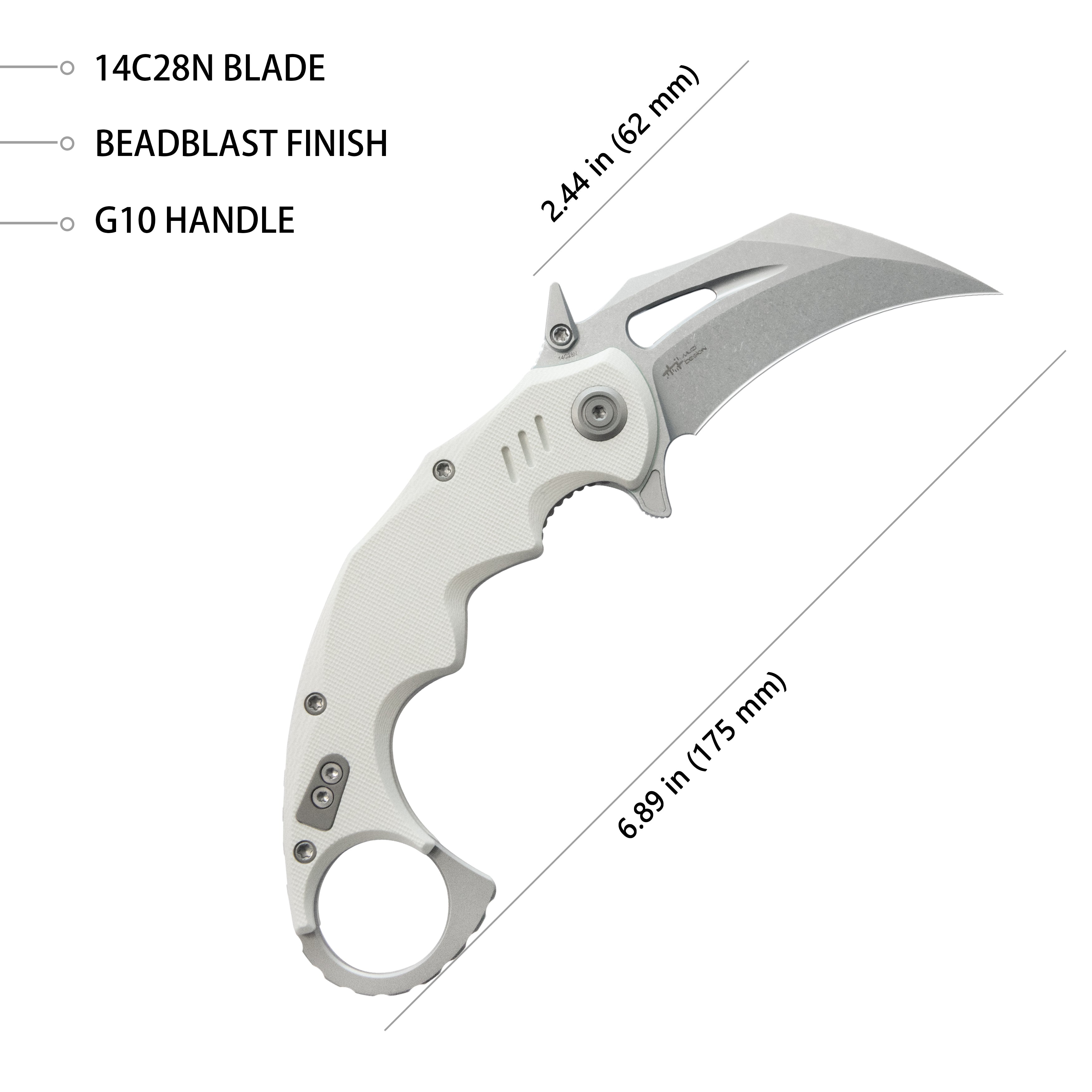 Kubey Mini Wrath Karambit Folding Knife White G-10 Handle 2.44" Beadblast 14C28N Blade KU262K