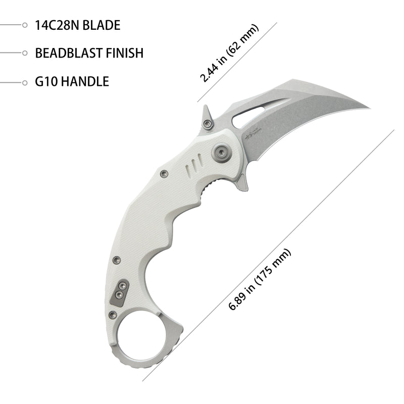 Mini Wrath Karambit Folding Knife White G-10 Handle 2.44" Beadblast 14C28N Blade KU262K