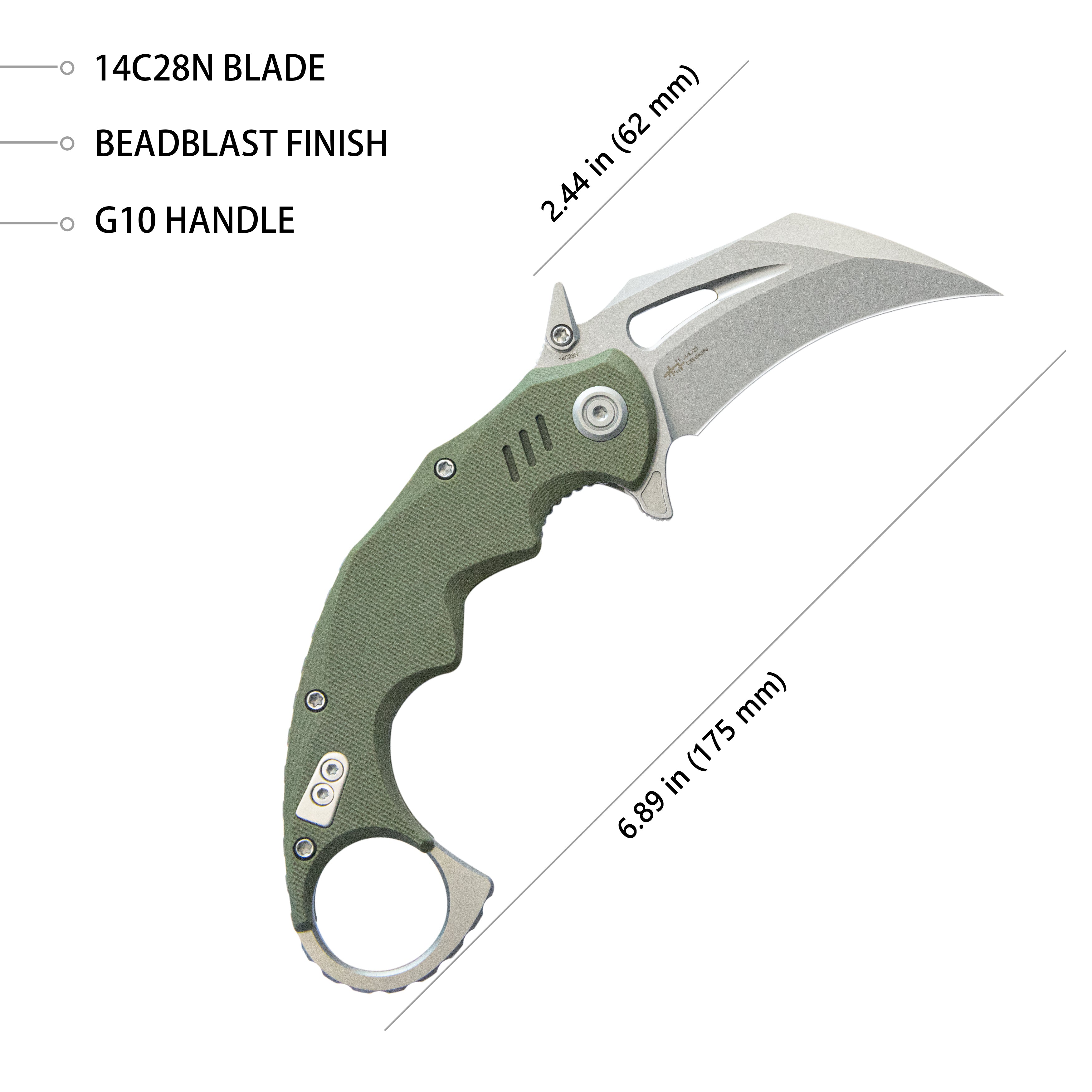 Kubey Mini Wrath Karambit Folding Knife Green G-10 Handle 2.44" Beadblast 14C28N Blade KU262B
