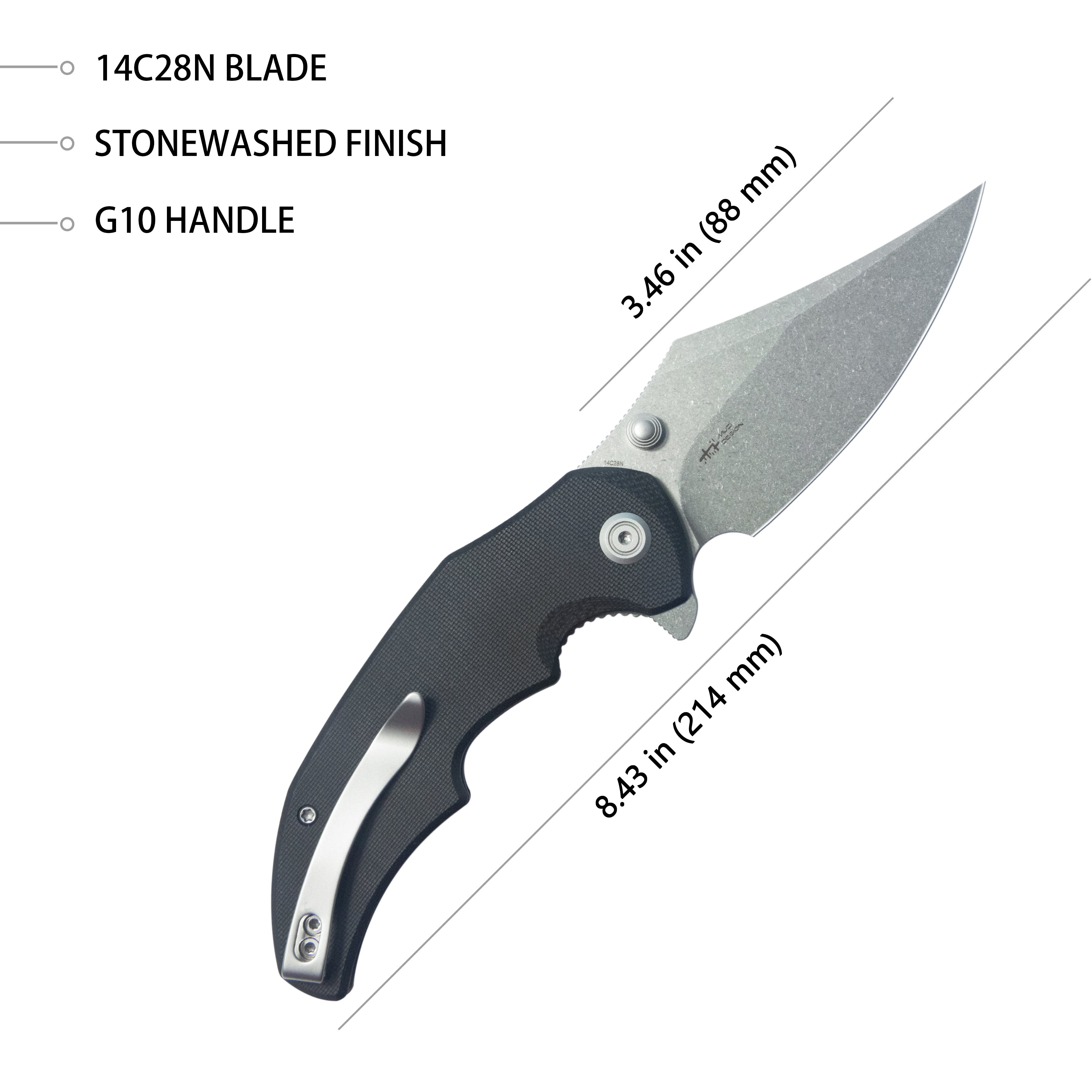 Kubey Ceto Flipper Camping Folding Knife Black G-10 Handle 3.46" Stonewash 14C28N Blade KU181A