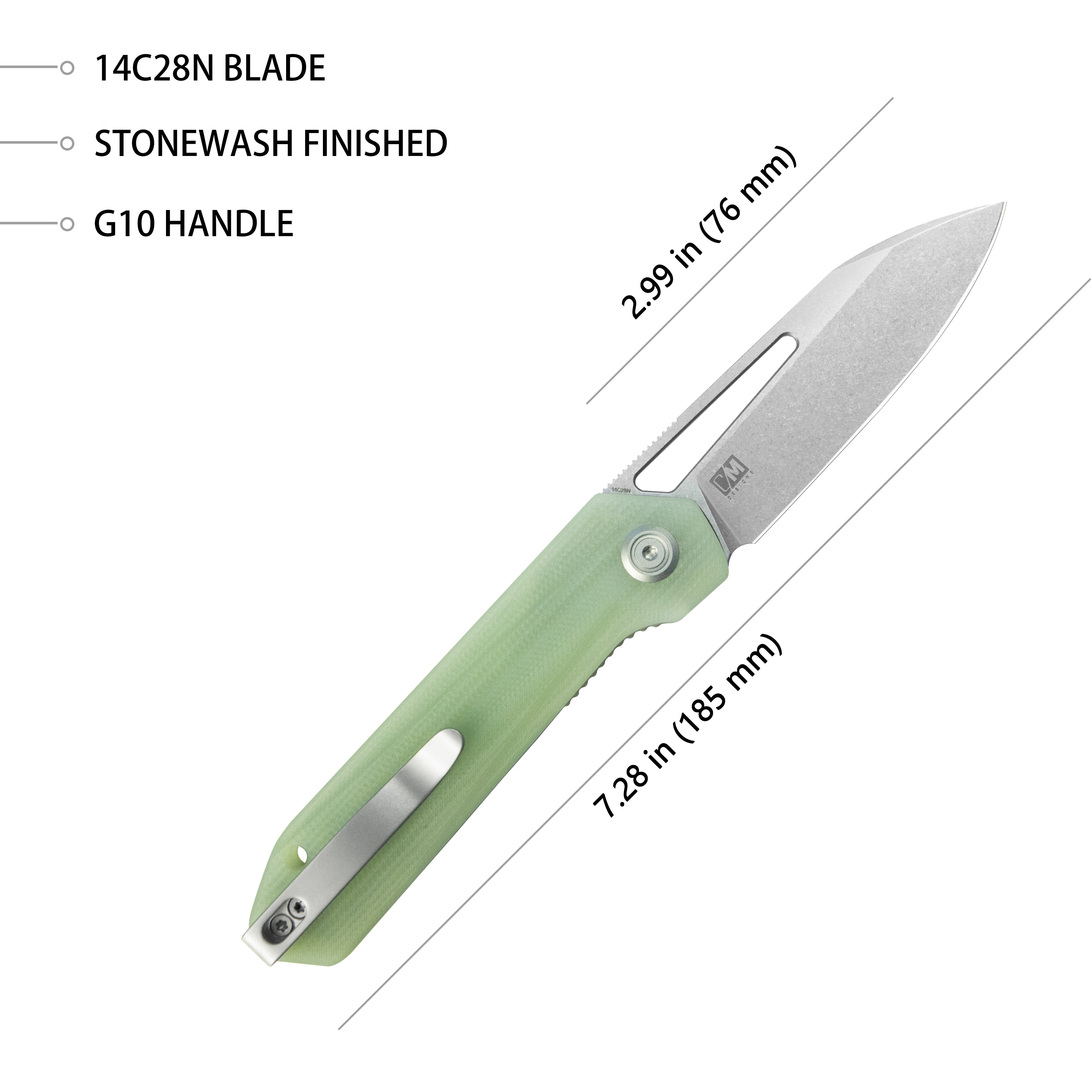 Kubey Royal CM Designs EDC Pocket Knife Front Flipper Jade G10 Handle 2.99" Stonewash 14C28N KU321R