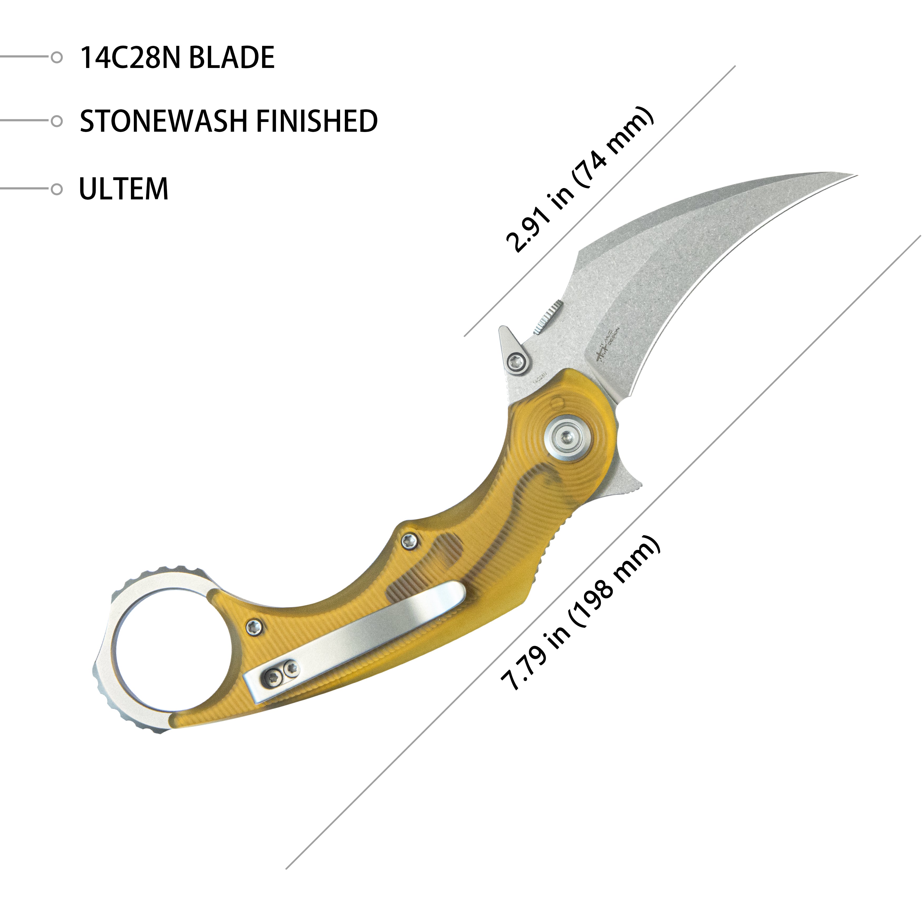 Kubey Rogue Pikal Karambit Folding Knife Ultem Handle 2.91" Stonewash 14C28N Blade KU298G