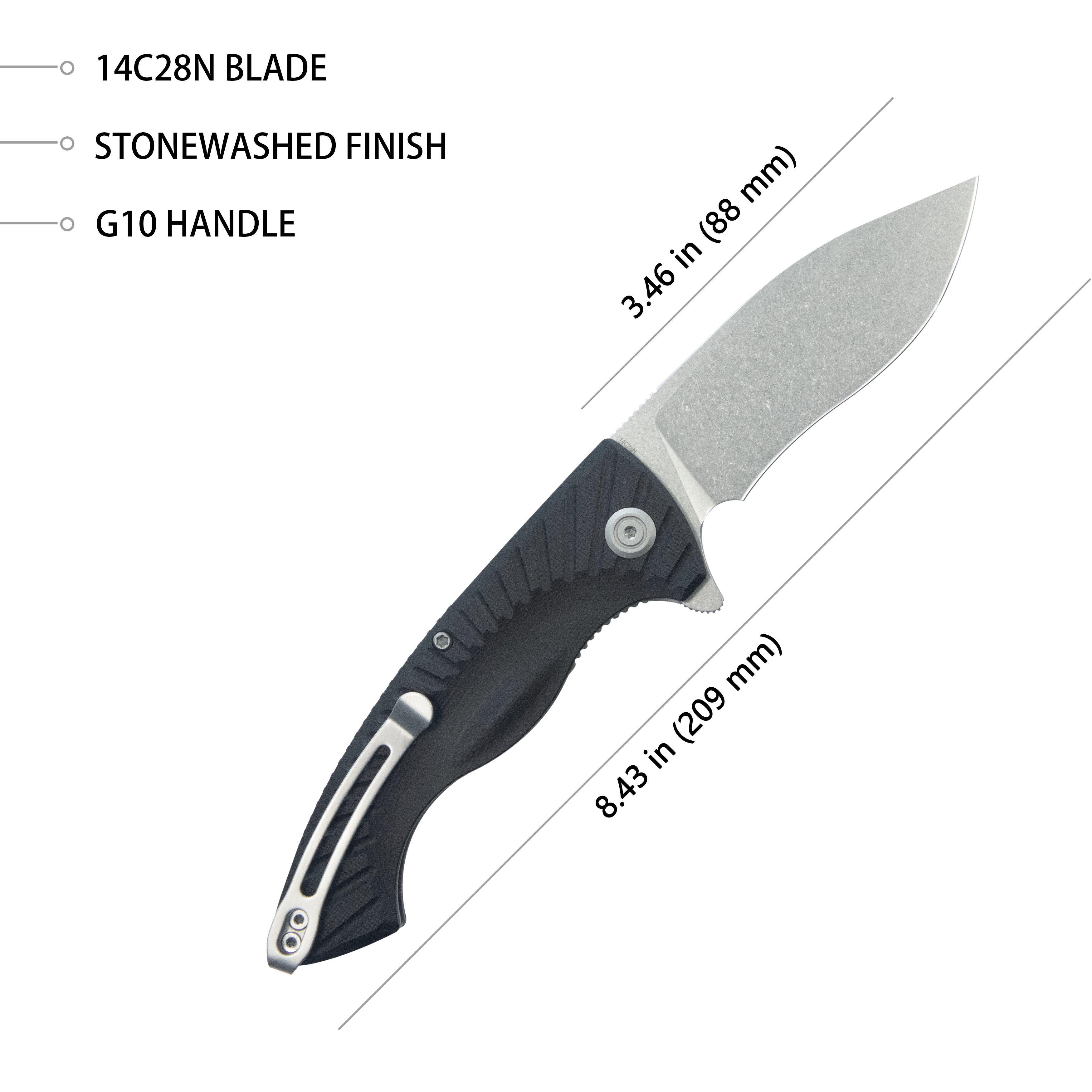 Kubey Timberwolf Flipper Outdoor Folding Knife Black G-10 Handle 3.46" Stonewash 14C28N Blade KU208D