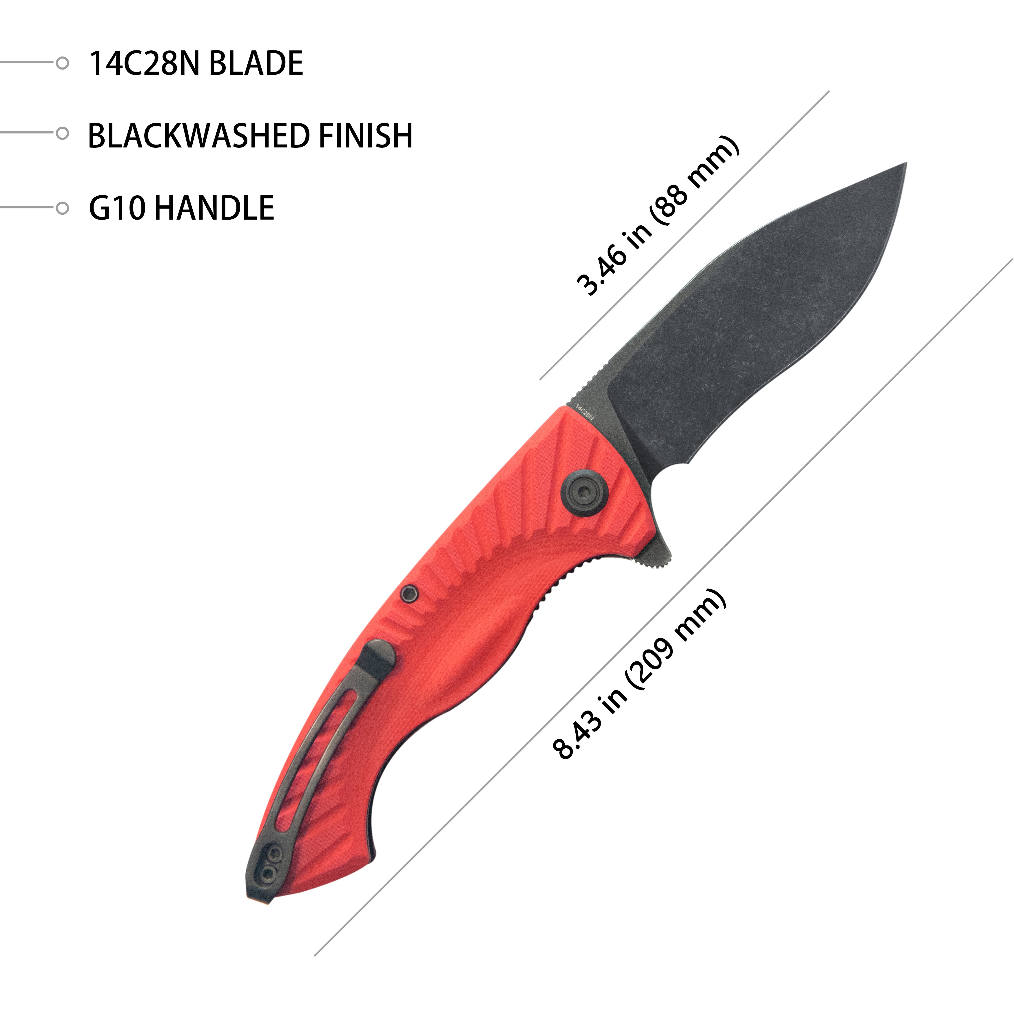 Kubey Timberwolf Flipper Outdoor Folding Knife Red G-10 Handle 3.46" Blackwash 14C28N Blade KU208I