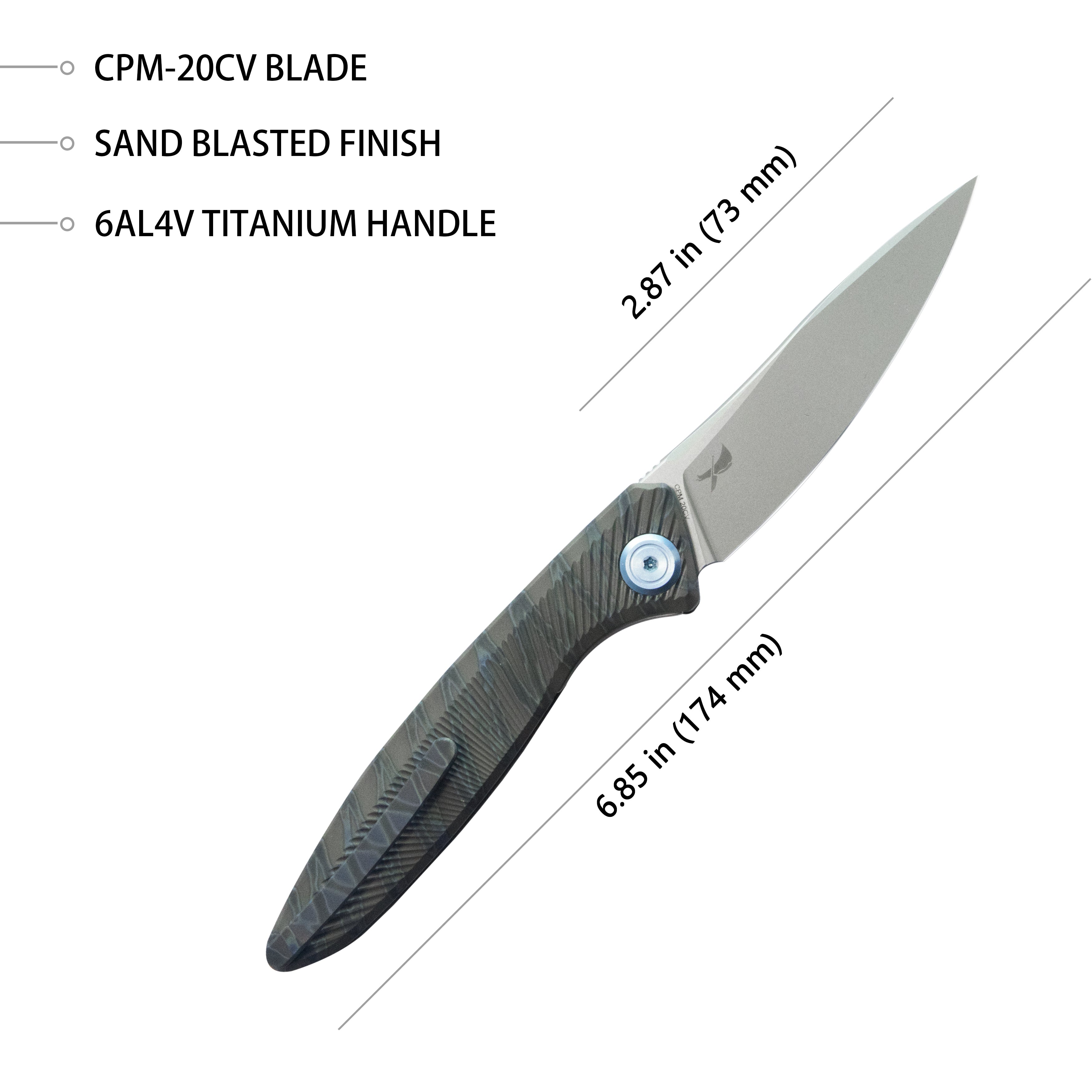Kubey Pike Liner Lock Folding Knife Flame Titanium Handle 2.87" Sand Blasted CPM-20CV KB2103C