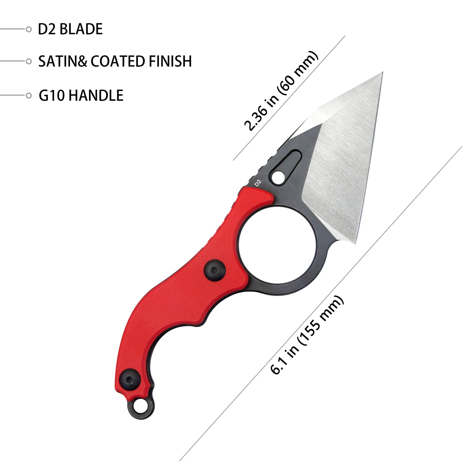 Hippocam Fixed Blade Knife Finger Ring Red G10 Handle 2.36" Satin and Blackwash D2 Blade KU166D
