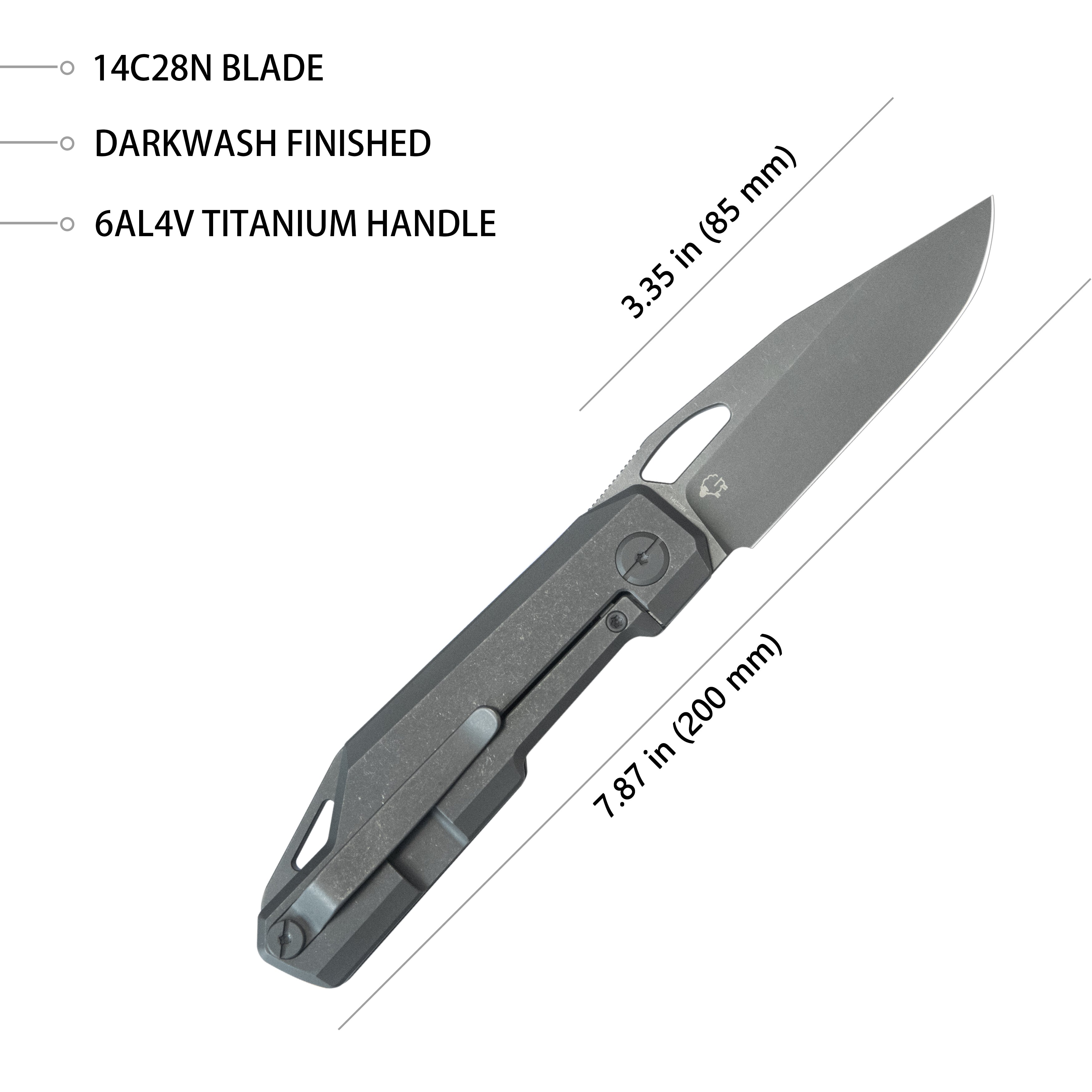 Kubey Verijero Fronter Flipper Pocket Folding Knife Darkblast 6AL4V Titanium Handle 3.35" Darkwashed 14C28N KB340E
