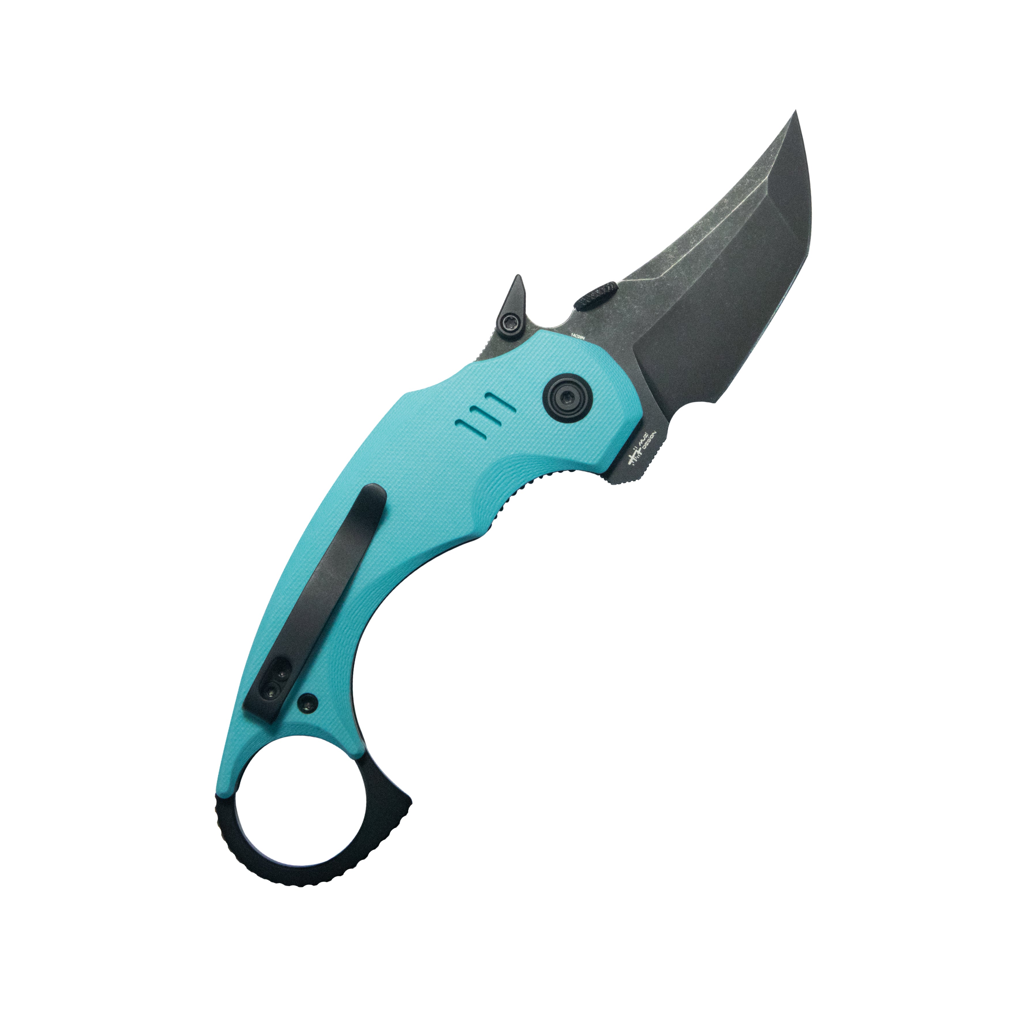 Kubey Jaw Tanto Karambit Folding Knife Tiffany Blue G-10 Handle 2.52" Blackwash 14C28N Blade KU439D