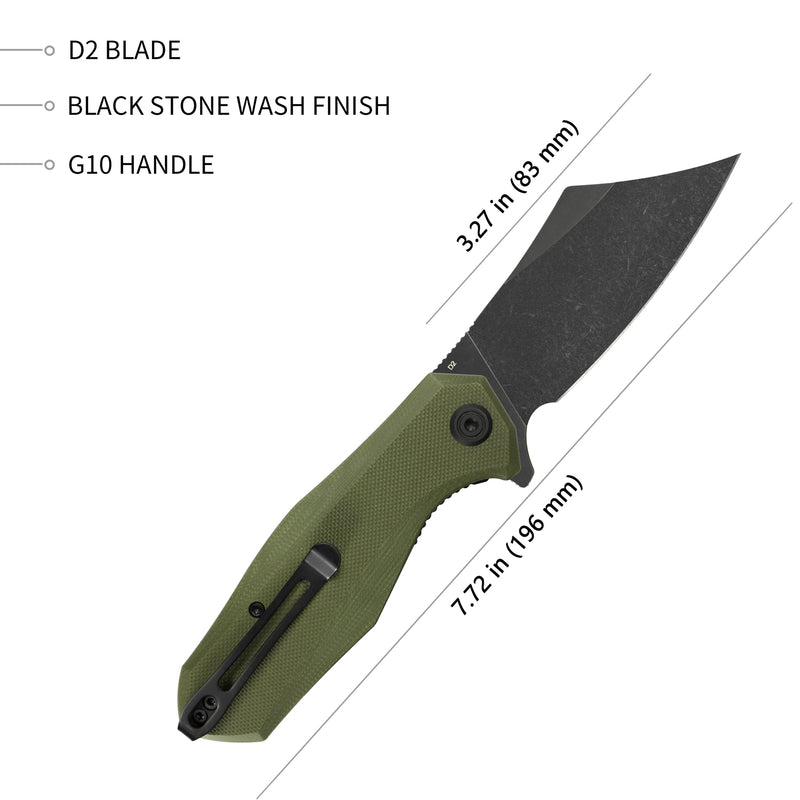 Echo Nest Liner Lock Flipper Knife Green G10 Handle 3.27" Black Stonewashed D2 KU329B
