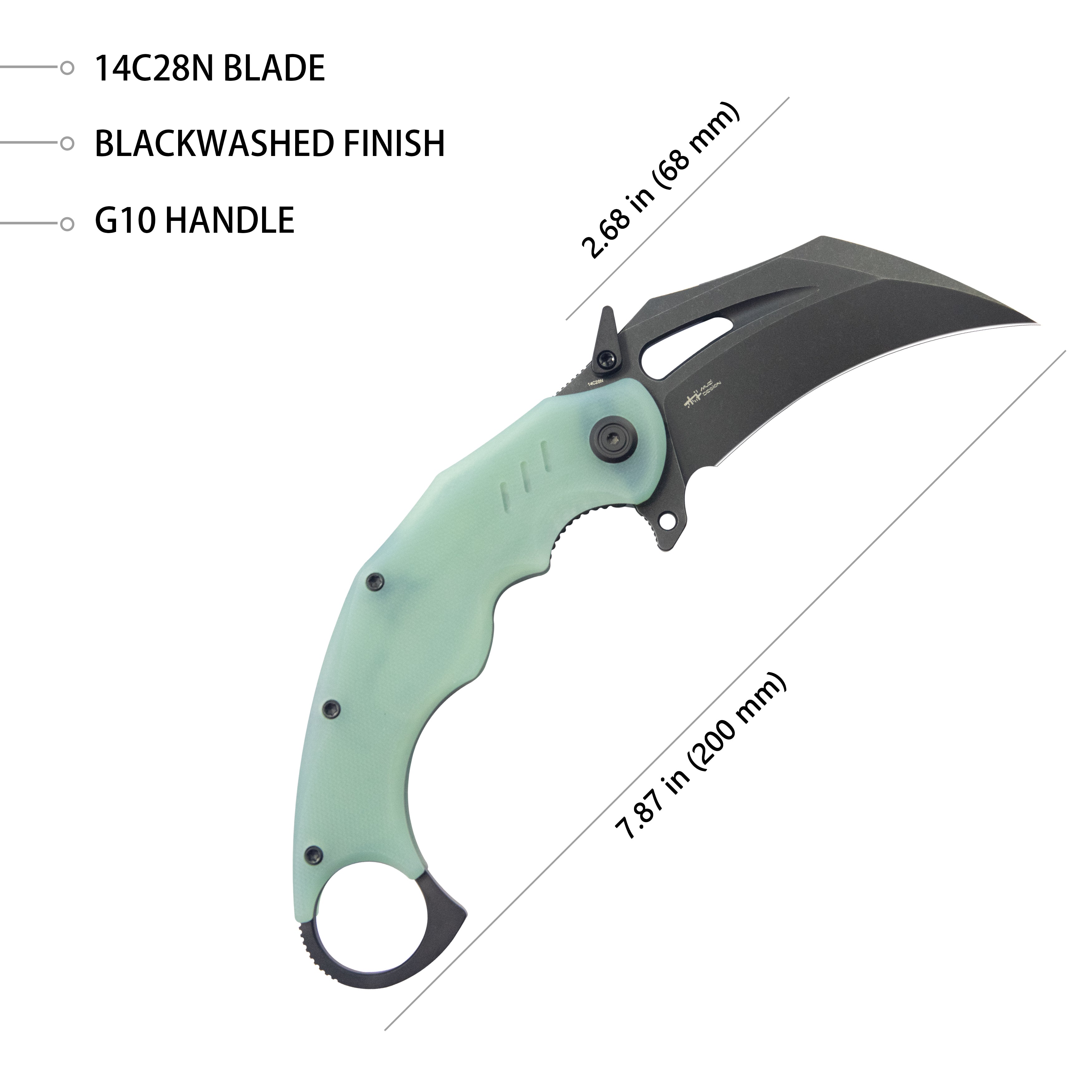 Kubey Wrath Karambit Folding Knife Jade G-10 Handle 2.68" Blackwash 14C28N Blade KU261K