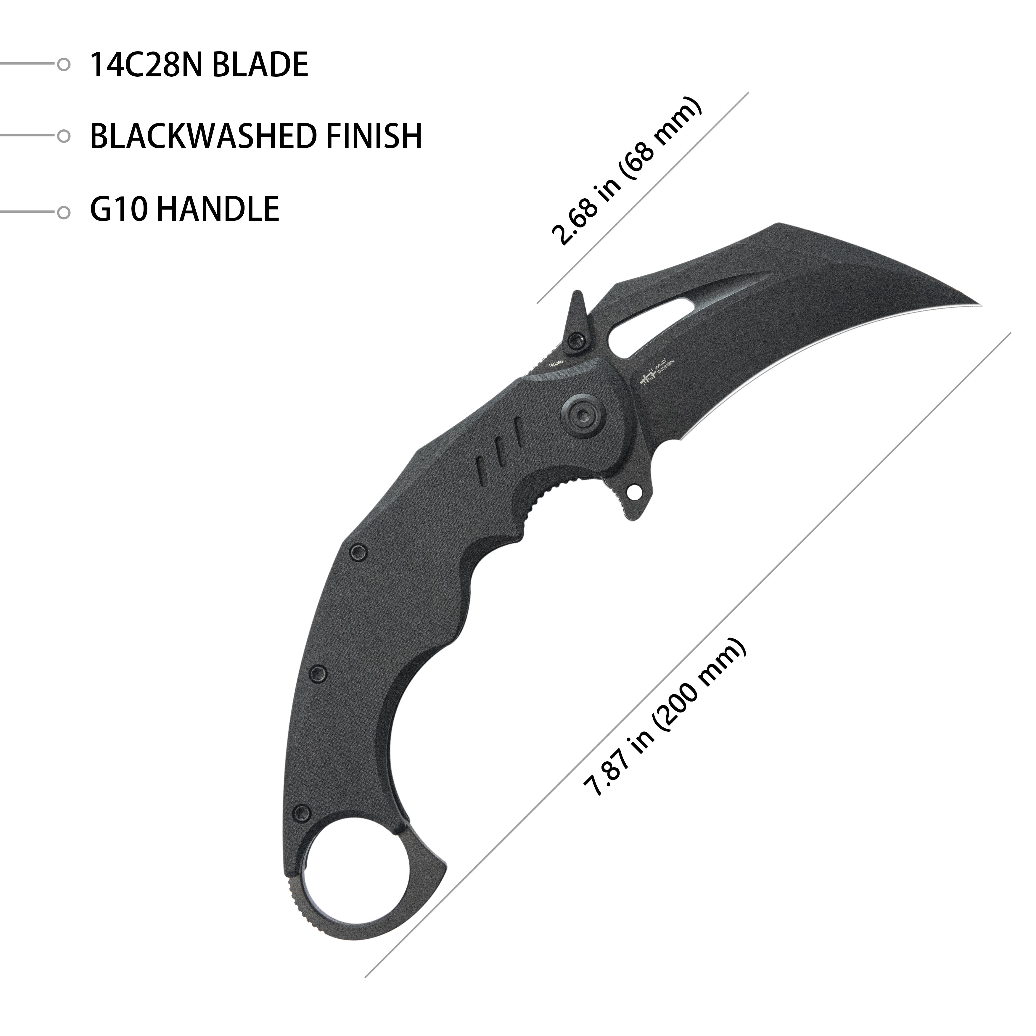 Kubey Wrath Karambit Folding Knife Black G-10 Handle 2.68" Blackwash 14C28N Blade KU261E