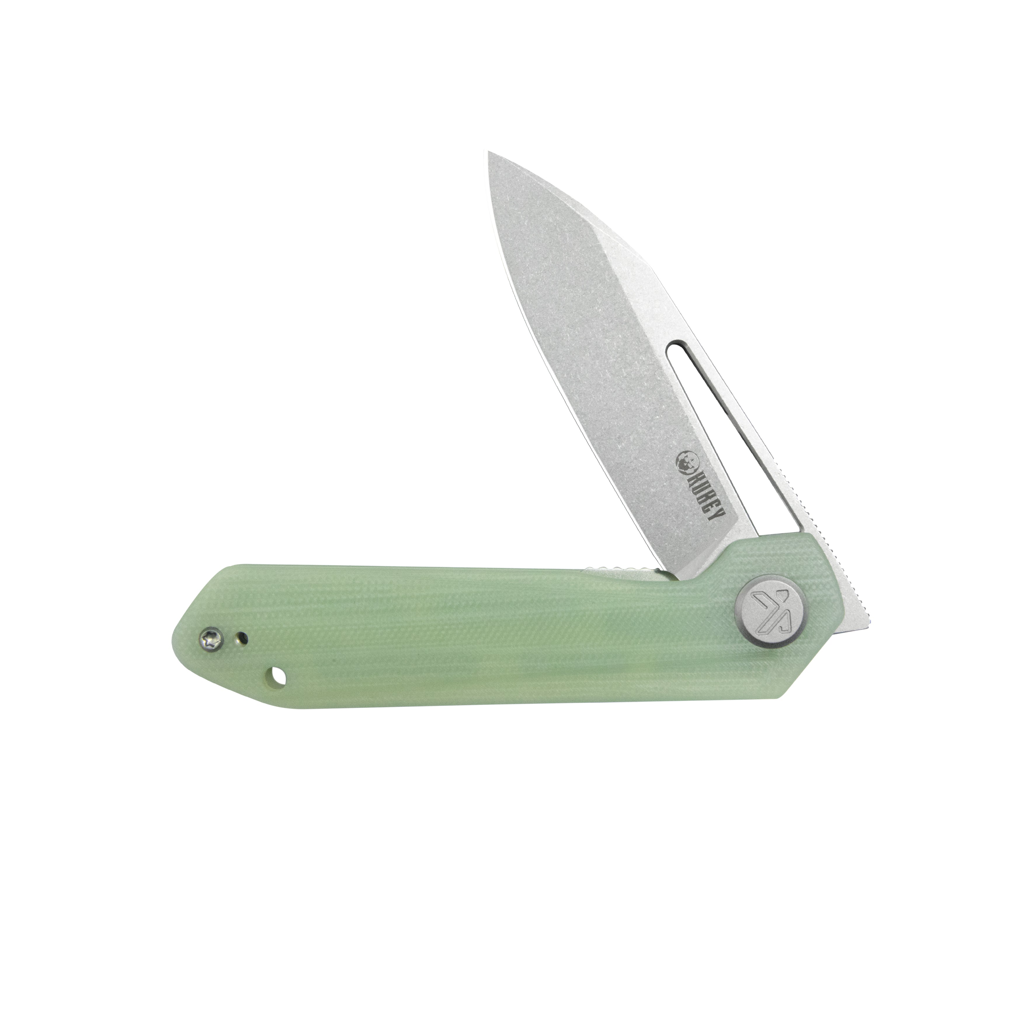 Kubey Royal CM Designs EDC Pocket Knife Front Flipper Jade G10 Handle 2.99" Stonewash 14C28N KU321R
