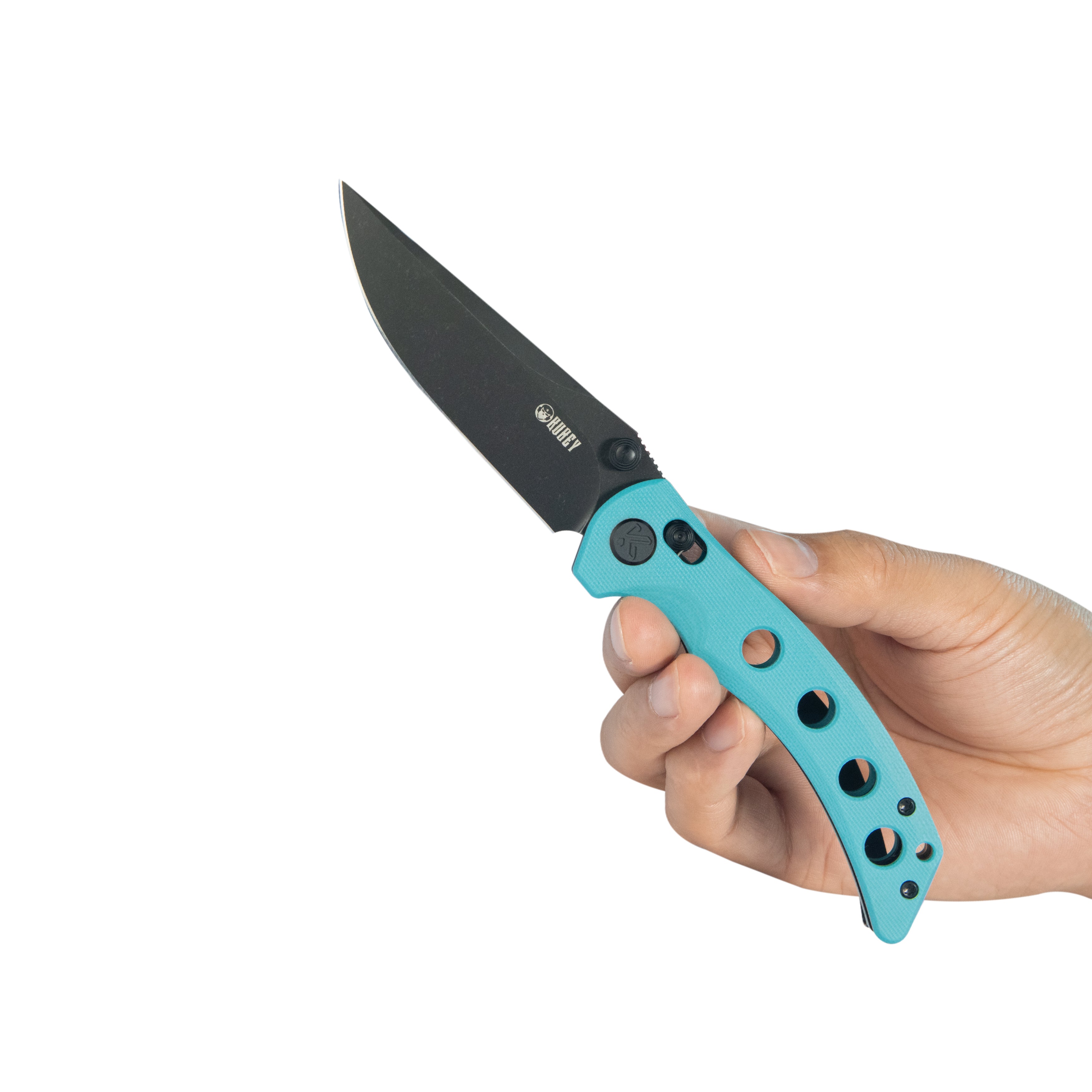 Kubey Hound Crossbar Lock Folding Pocket Knife Tiffany Blue G-10 Handle 3.43" Blackwash 14C28N Blade KU172D