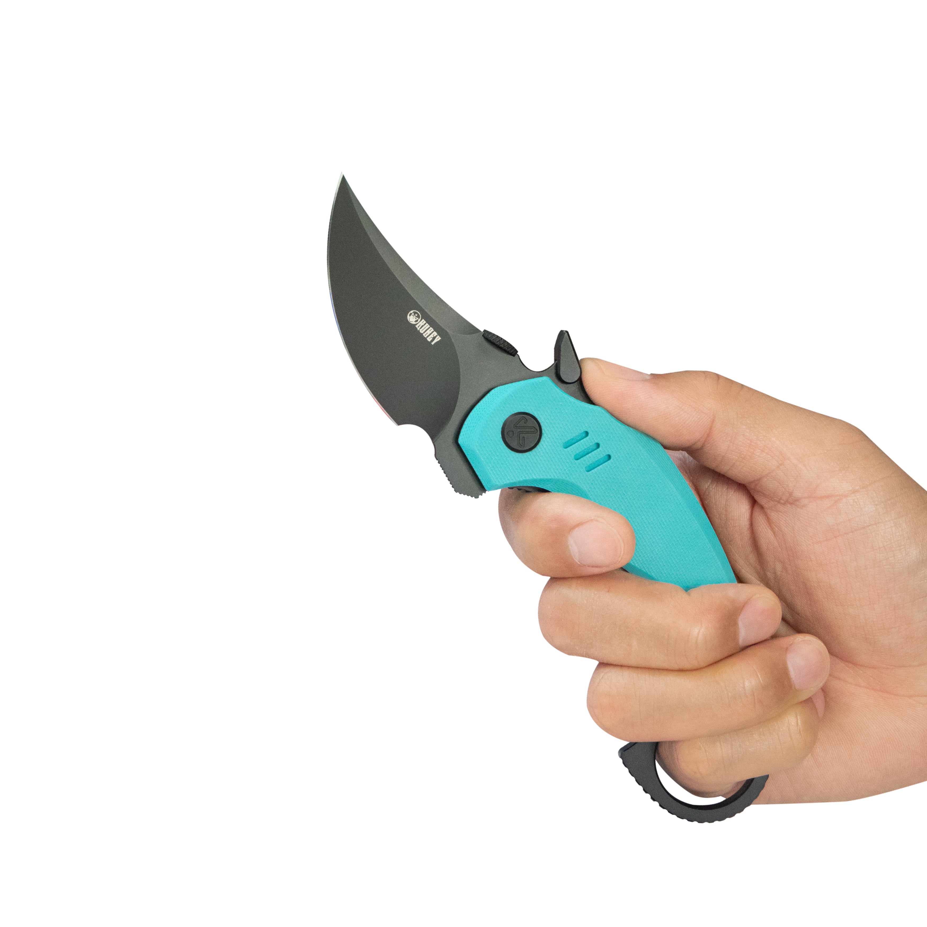Kubey Jaw Pikal Karambit Folding Knife Tiffany Blue G-10 Handle 2.52" Blackwash 14C28N Blade KU440D