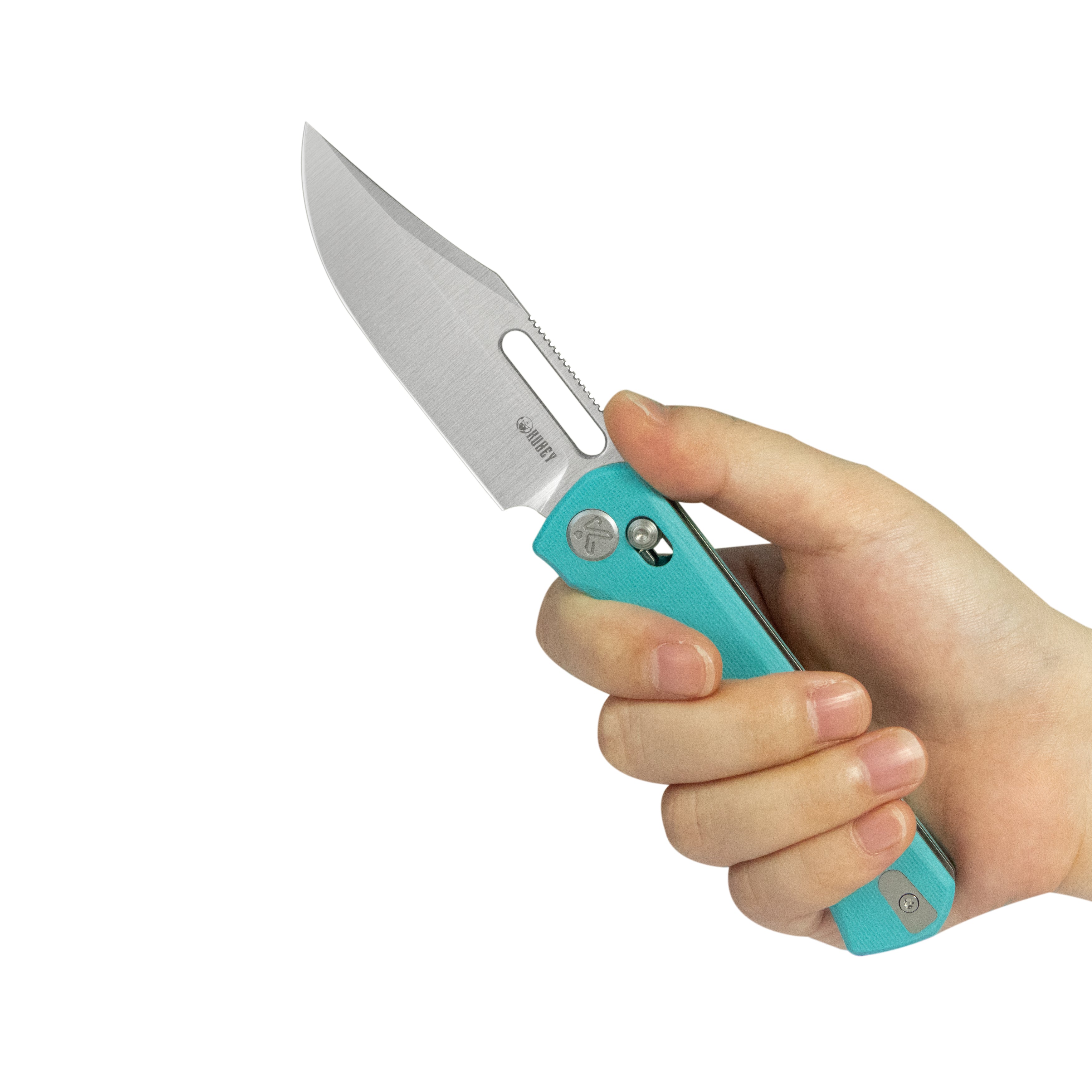 Kubey TBO Crossbar lock Everyday Carry Folding Knife Tiffany Blue G10 Handle 3.1" Satin 14C28N KU396B