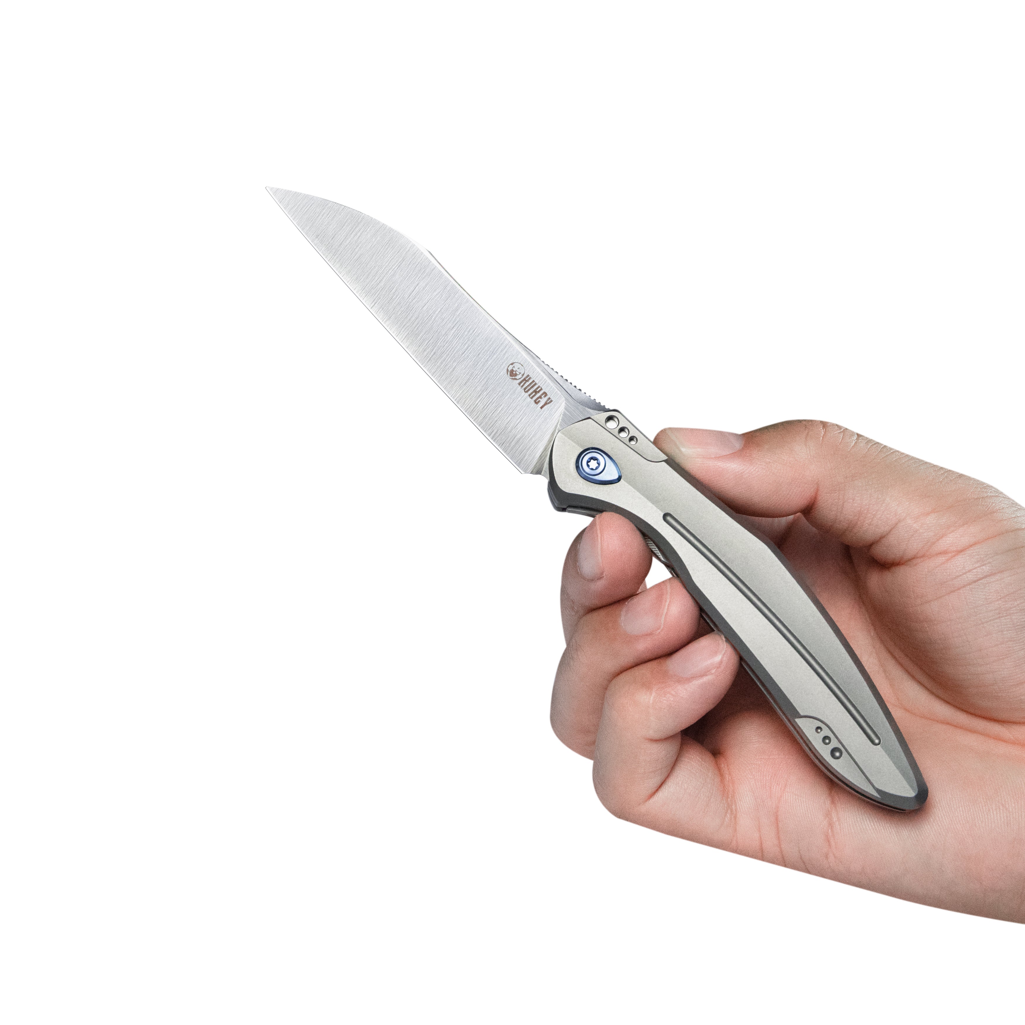 Kubey Barracuda Liner Lock Front Flipper Folding Knife Grey Titanium Handle 3.3" Satin M390 KB299C