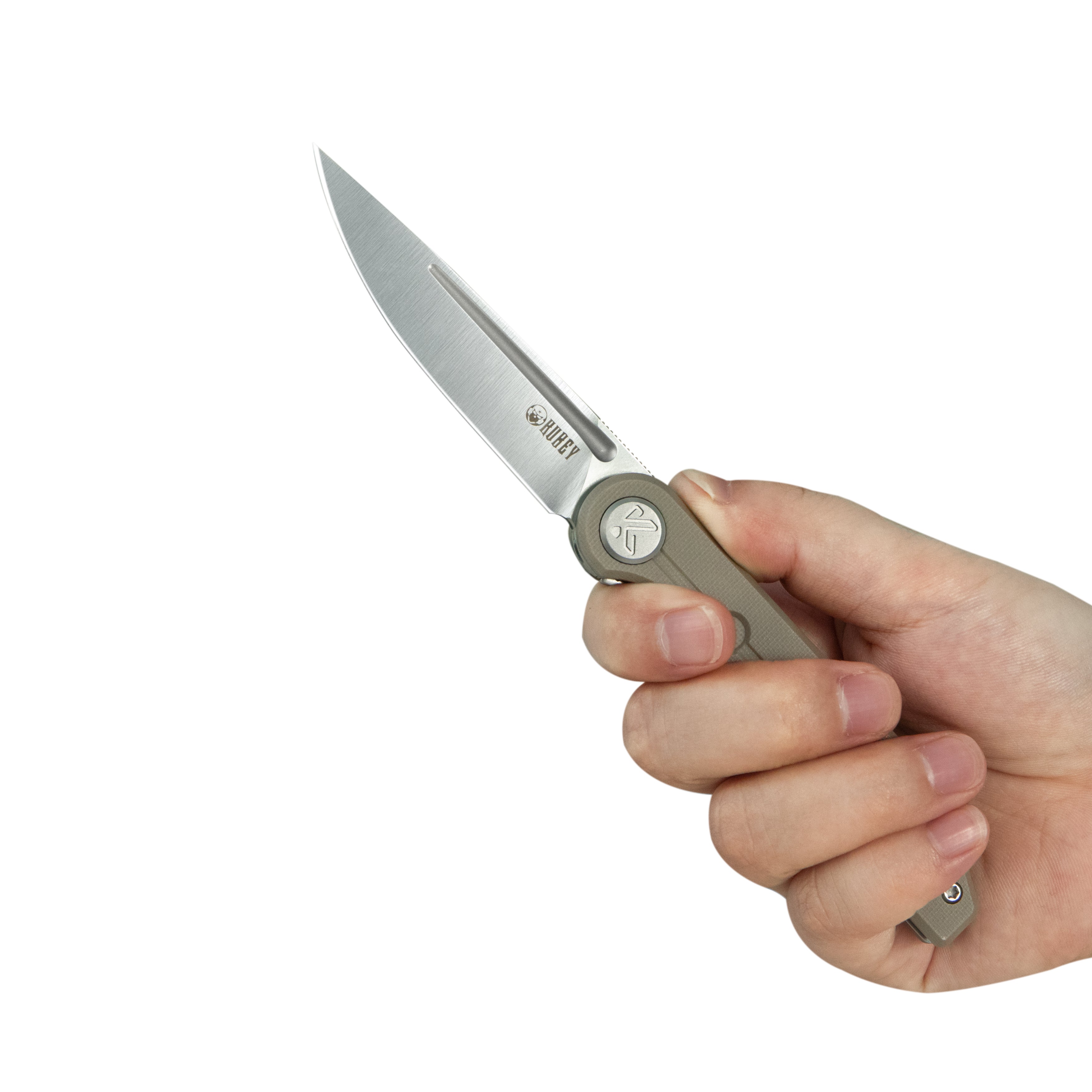 Kubey Mizo Liner Lock Front Flipper Folding Knife Tan G10 Handle 3.15" Satin 14C28N KU2101E