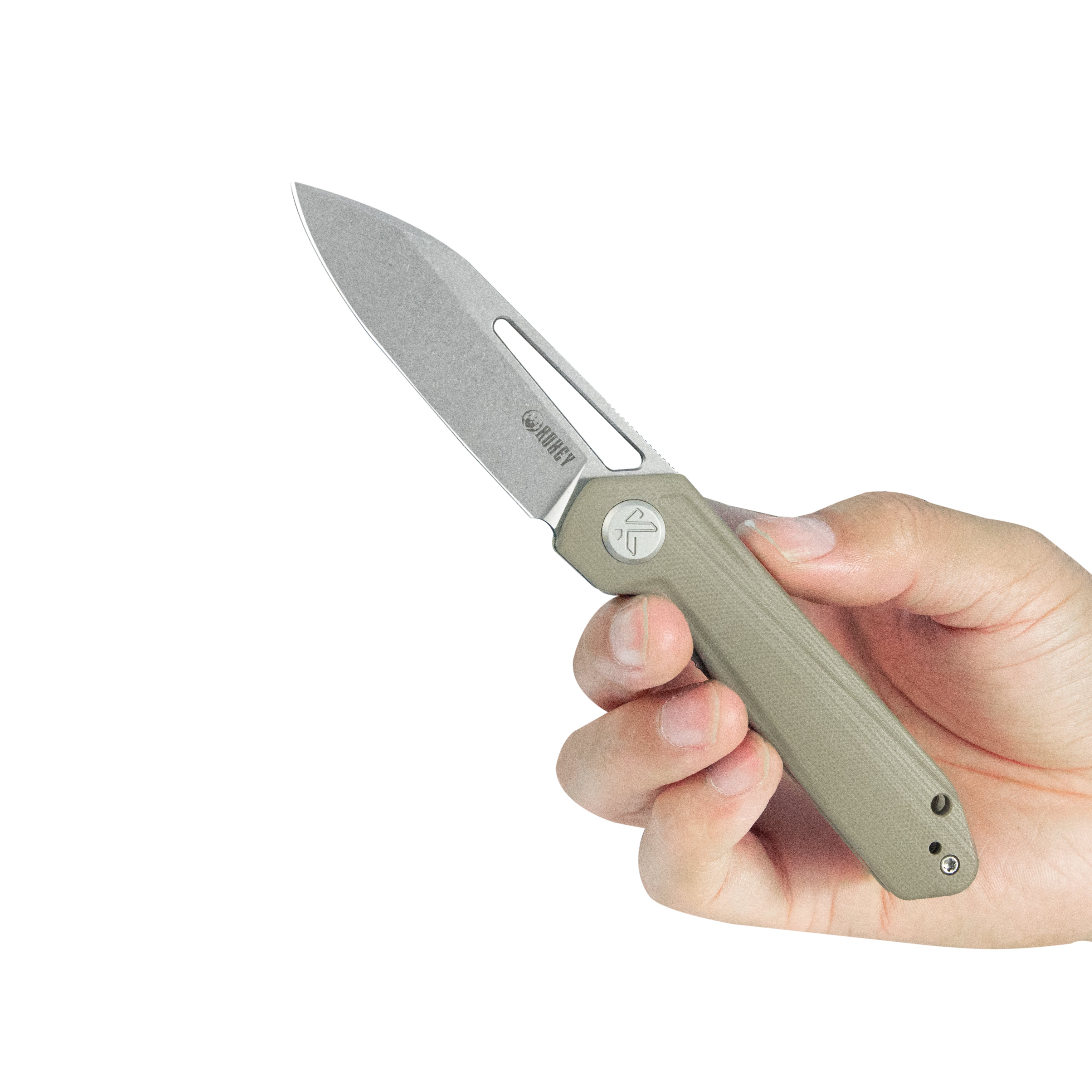 Kubey Royal CM Designs EDC Pocket Knife Front Flipper Tan G10 Handle 2.99" Stonewash 14C28N KU321Q