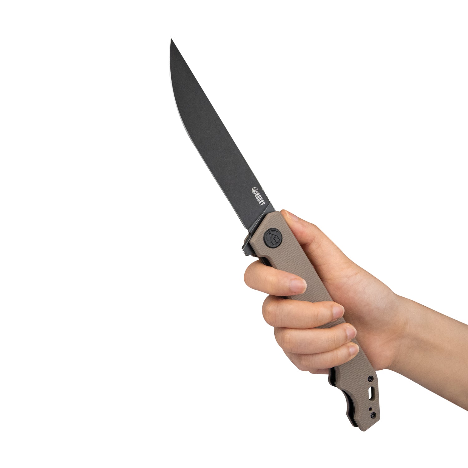 Kubey Pylades Liner Lock Flipper Folding Knife Tan G10 Handle 4.65" Blackwashed AUS-10 KU253C