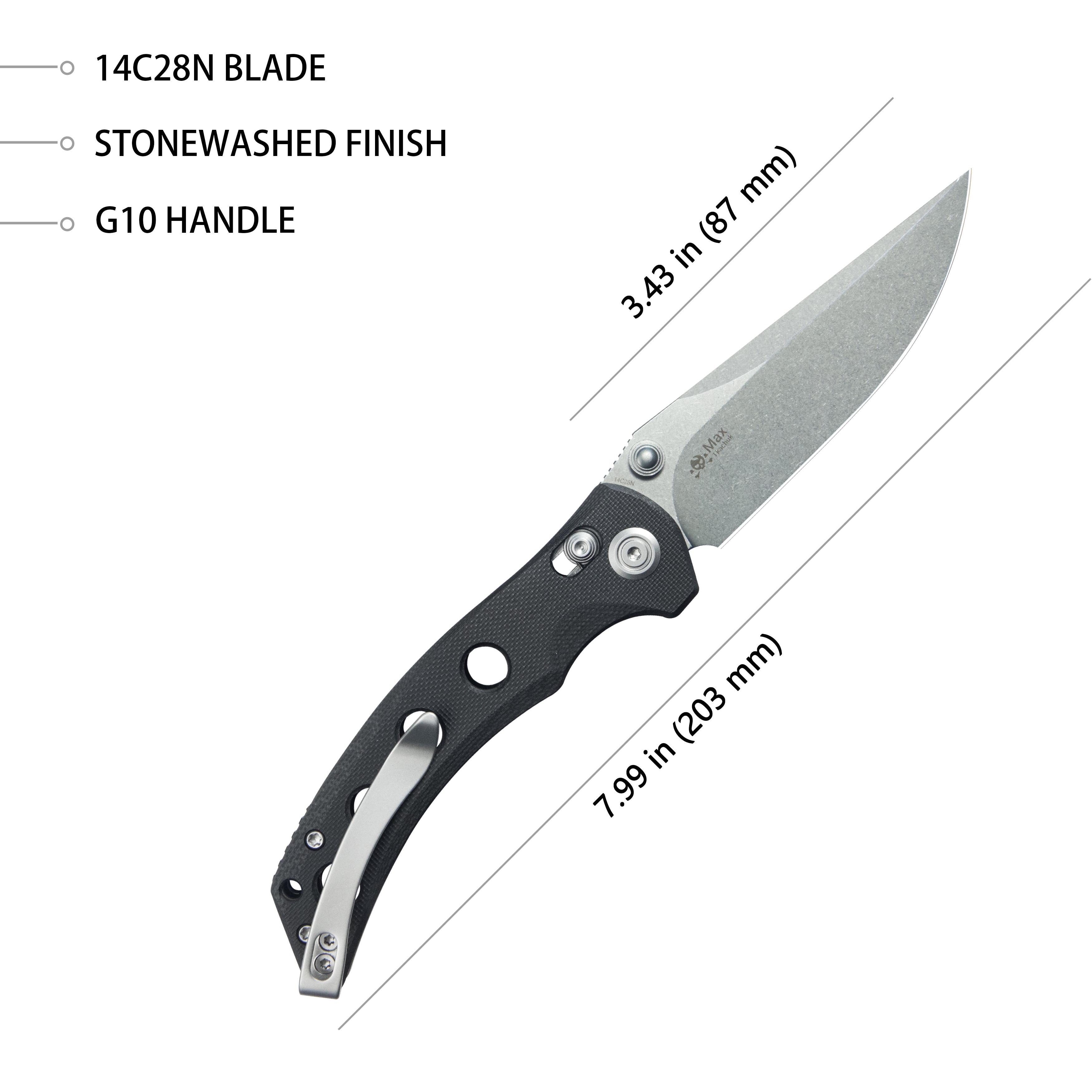 Kubey Hound Crossbar Lock Folding Pocket Knife Black G-10 Handle 3.43" Stonewash 14C28N Blade KU172A