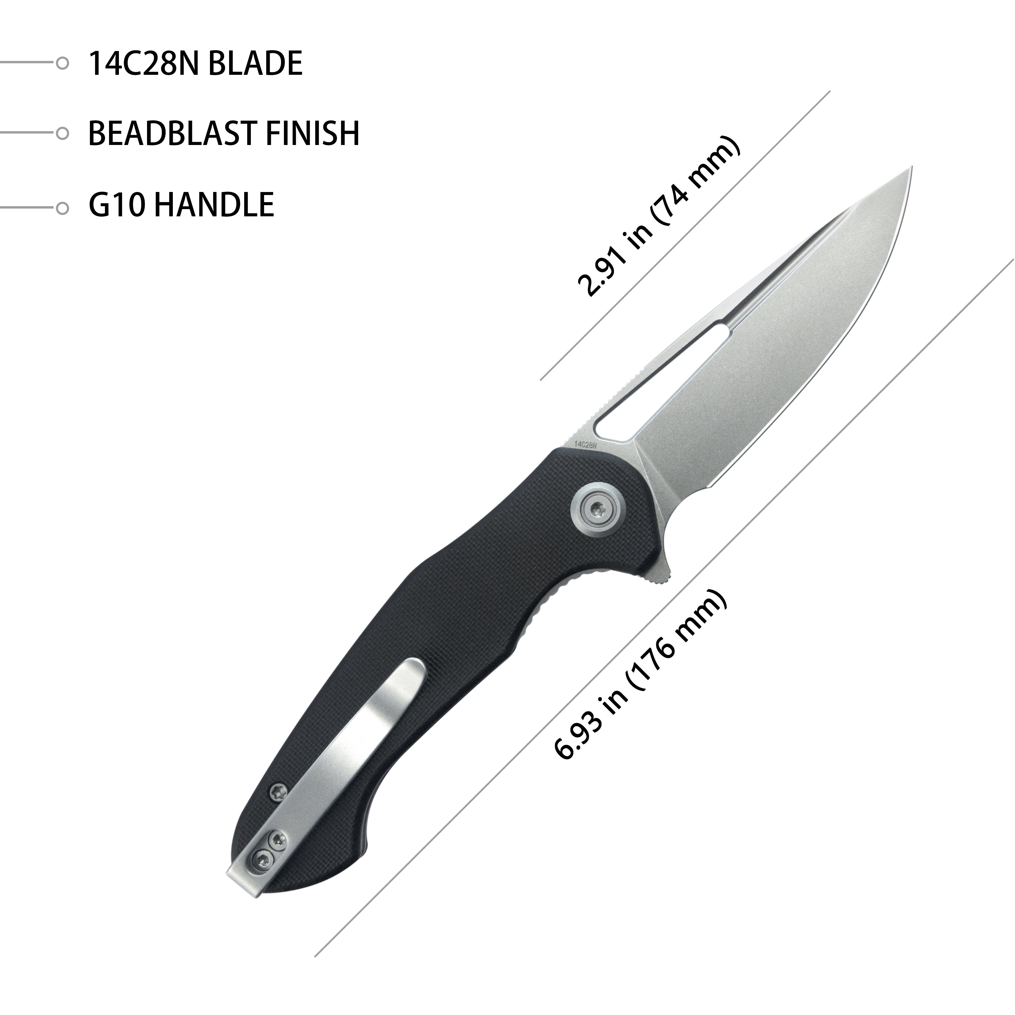 Kubey Dugu Liner Lock Folding Knife Black G10 Handle 2.91'' Beadblast 14C28N Blade KU210E