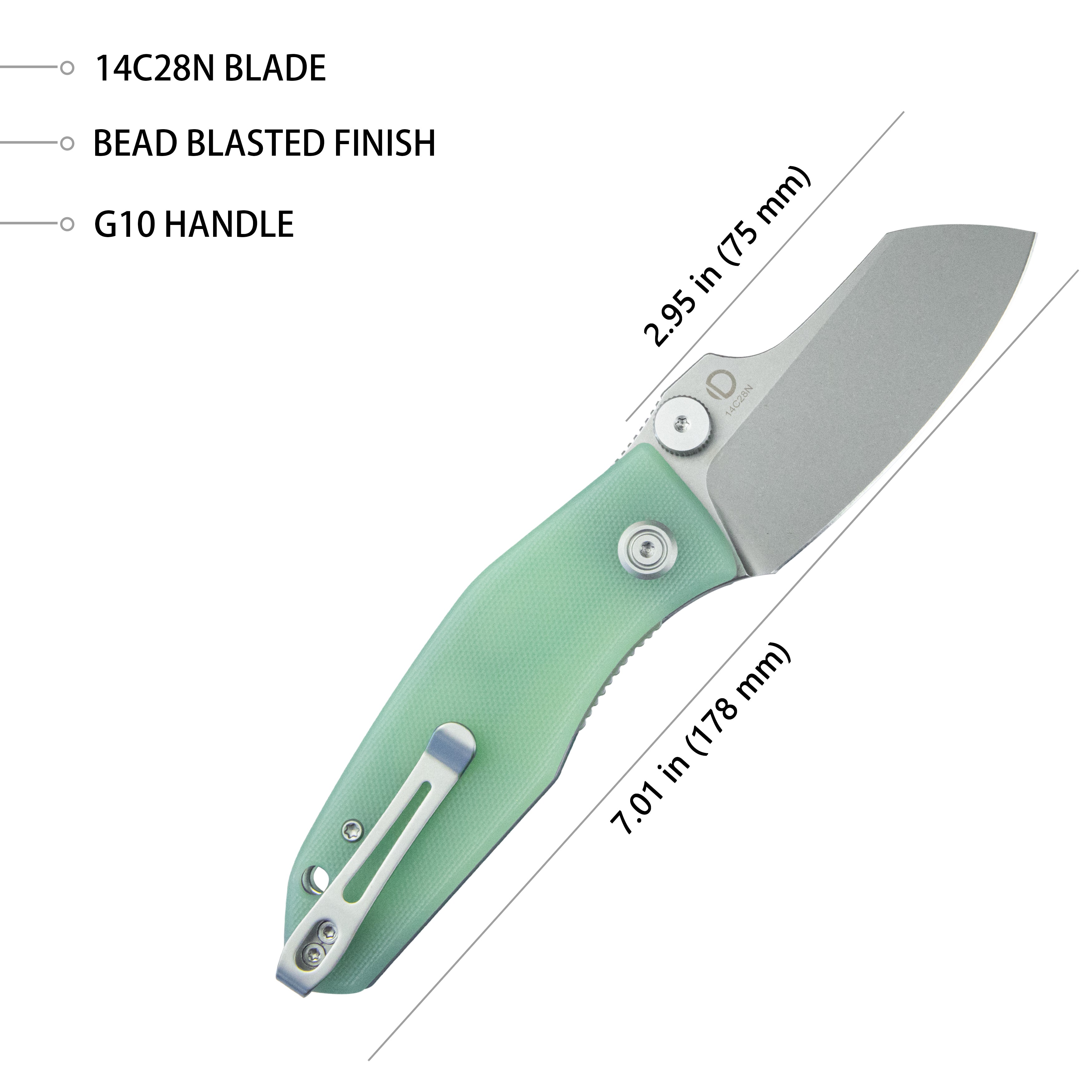 Monsterdog Liner Lock Folding Knife Jade G10 Handle 2.95" Bead Blasted 14C28N KU337L