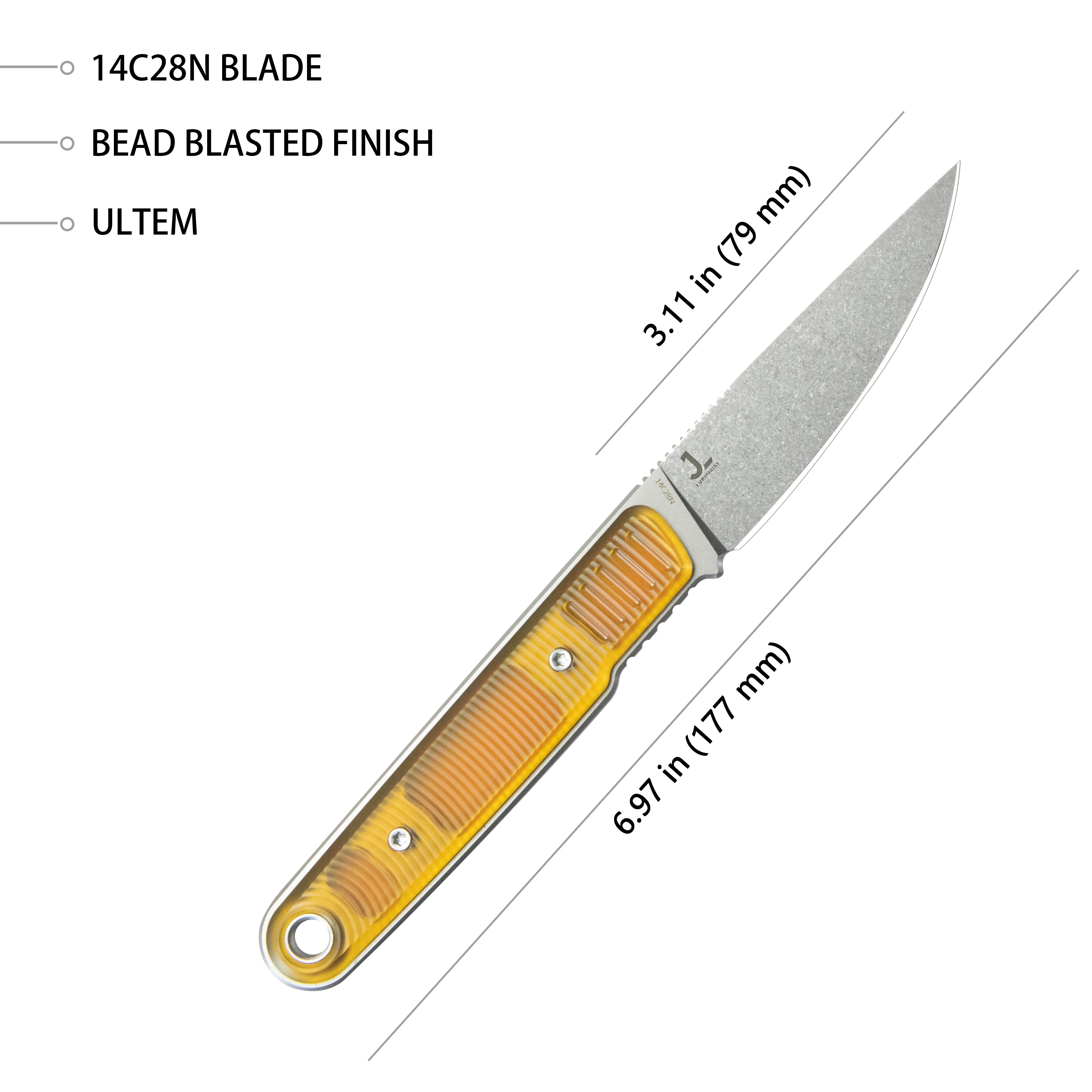 Kubey JL Drop Point Fixie Every Day Carry Fixed Blade Knife Ultem 3.11'' Drop Point Beadblast 14C28N KU356C