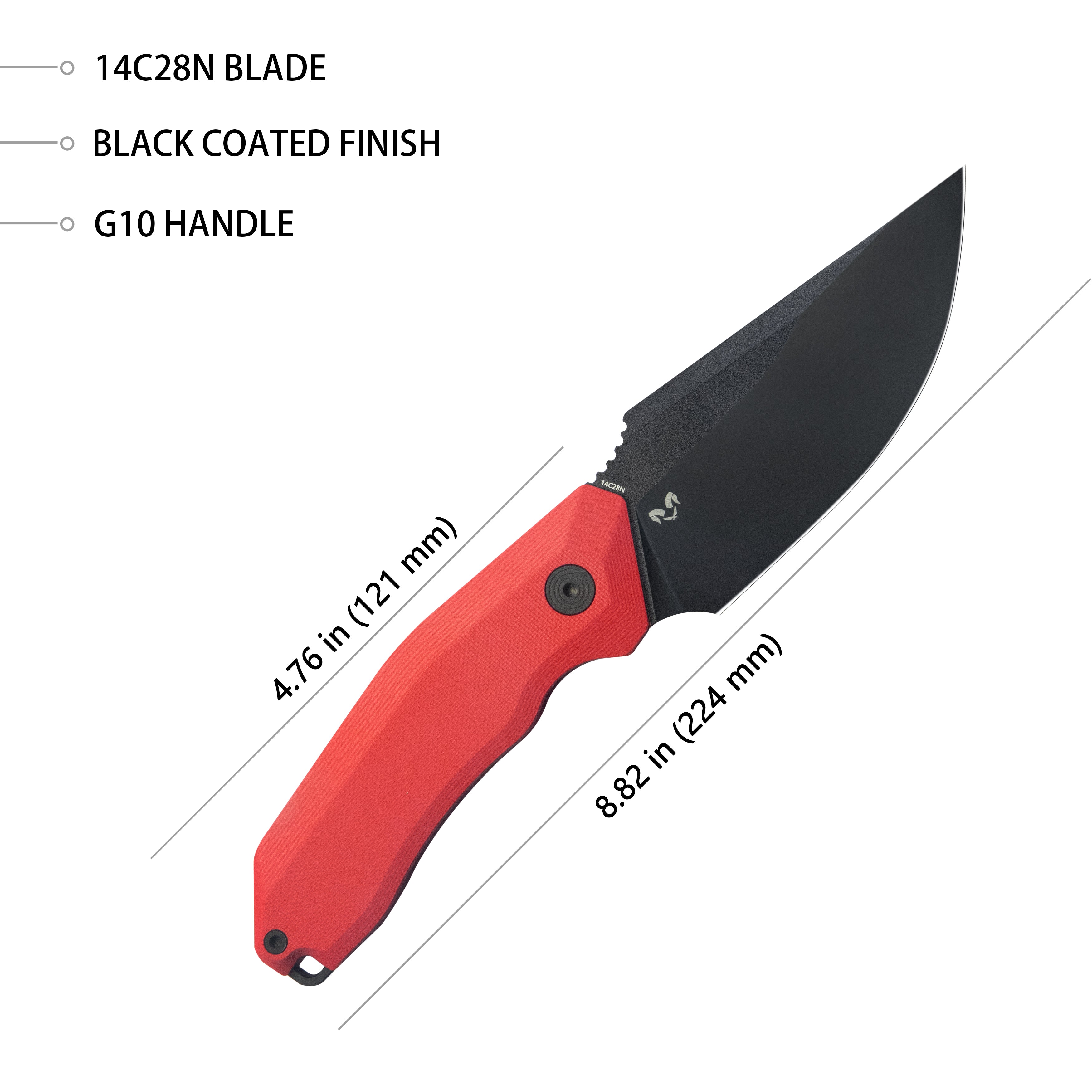 Kubey Basilisk Fixed Blade Knife Red G-10 Handle 4.06'' Blackwashed 14C28N Blade KU381B