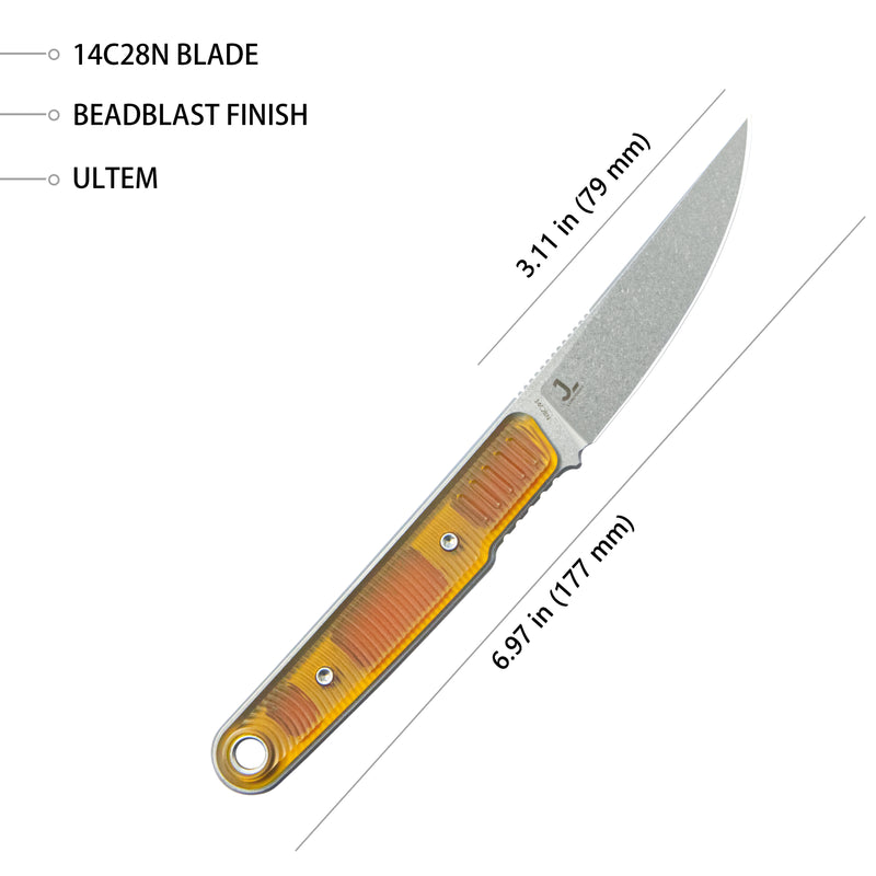 JL Kwaiken Fixie Every Day Carry Fixed Blade Knife Ultem G-10 3.11'' Beadblast 14C28N KU355C