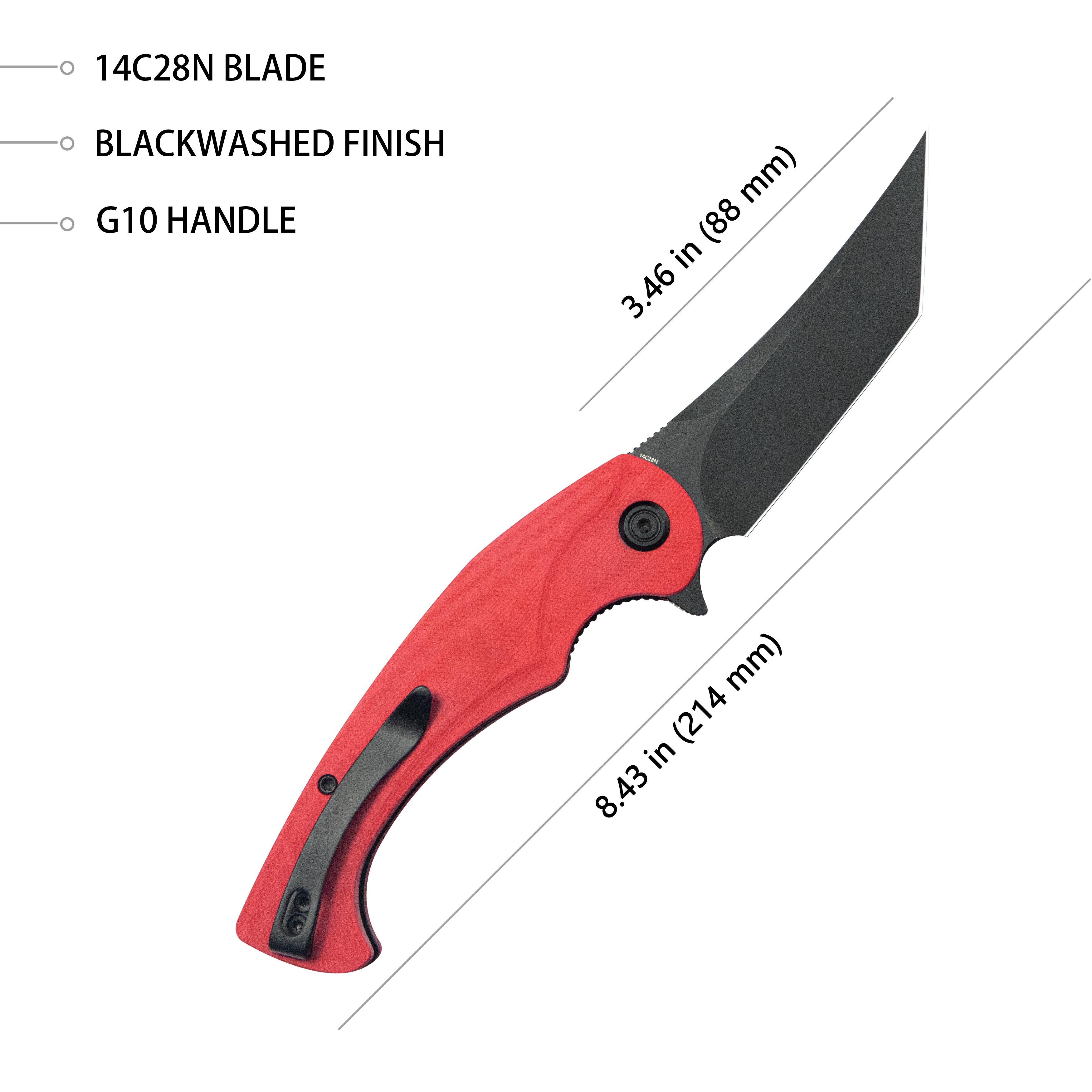Kubey Scimitar Tanto Liner Lock Hunting Folding Knife Red G10 Handle 3.46" Blackwash 14C28N KU175F