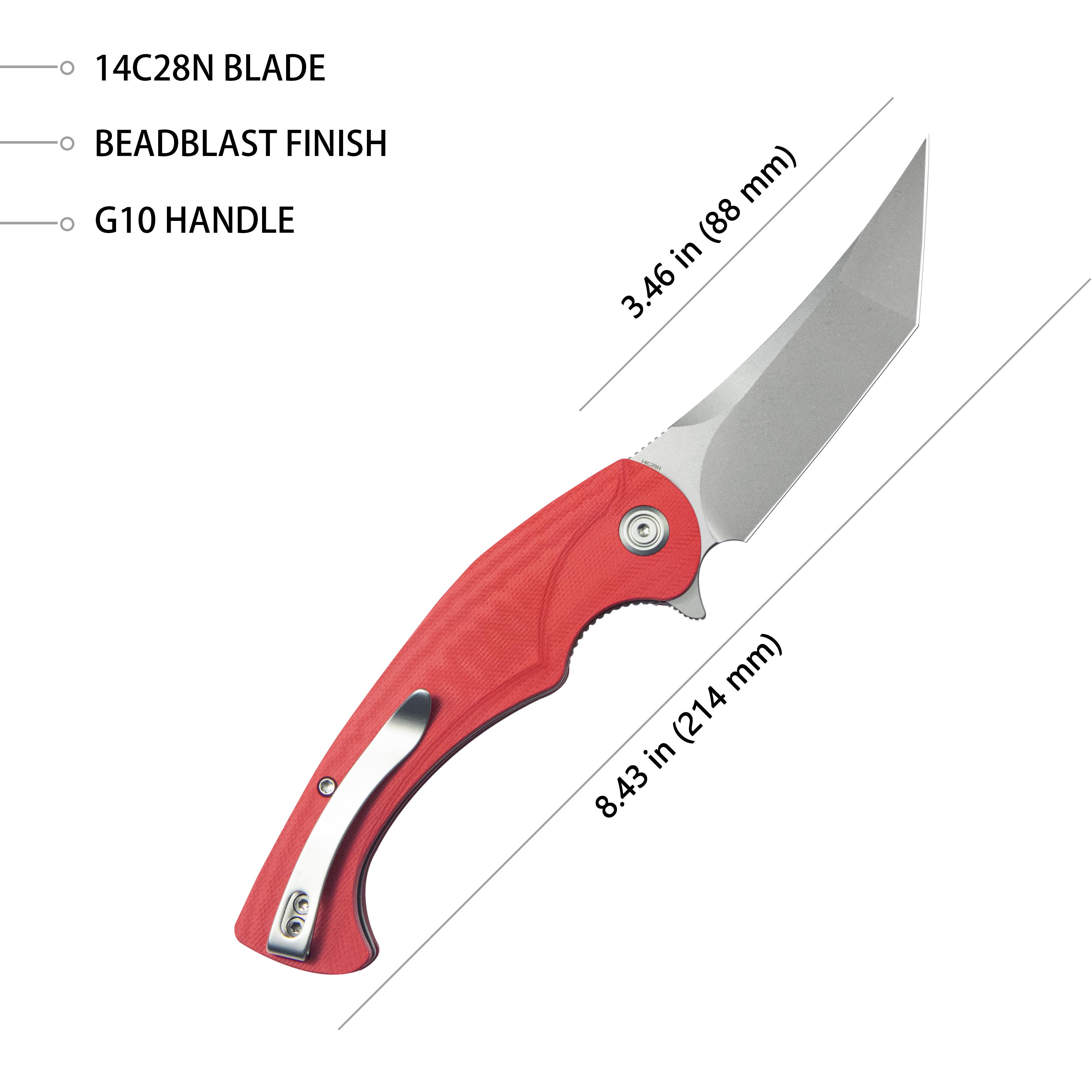 Kubey Scimitar Tanto Liner Lock Hunting Folding Knife Red G10 Handle 3.46" Beadblast 14C28N KU175E