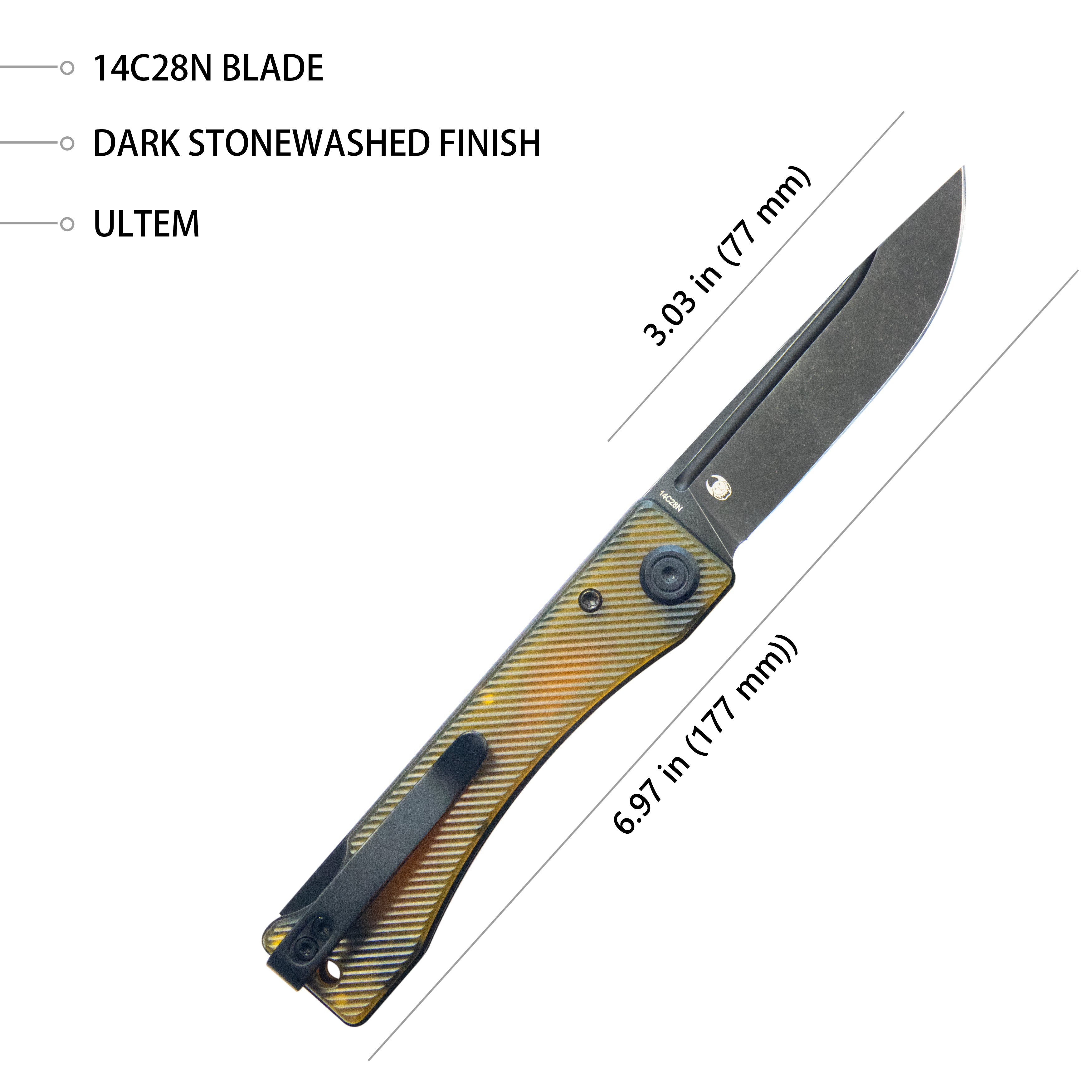 Kubey Akino Lockback Pocket Folding Knife Ultem Handle 3.15" Blackwash Sandvik 14C28N KU2102H