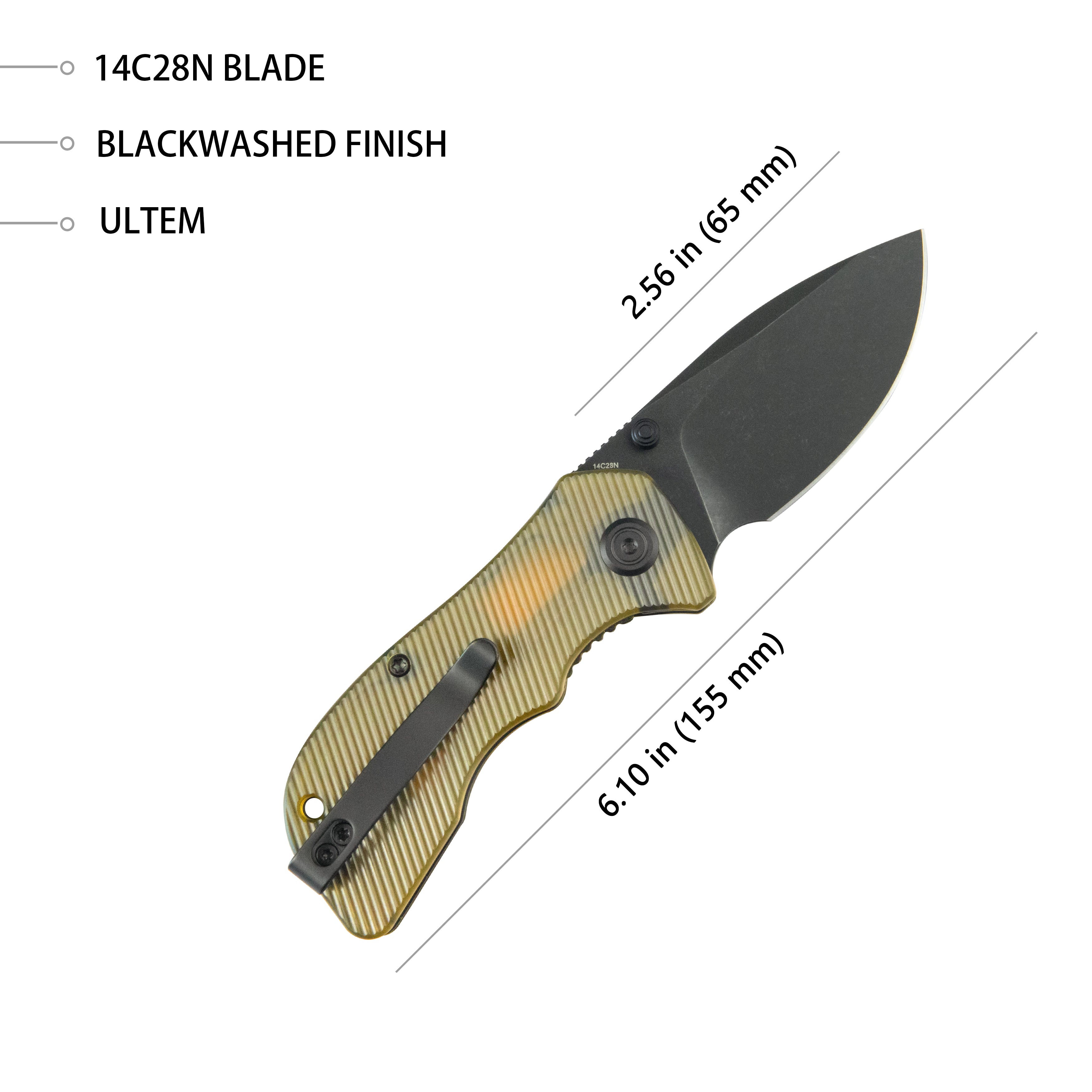 Kubey Karaji Liner Lock Dual Thumb Studs Open Folding Pocket Knife Ultem Handle 2.56" Blackwash 14C28N KU180M